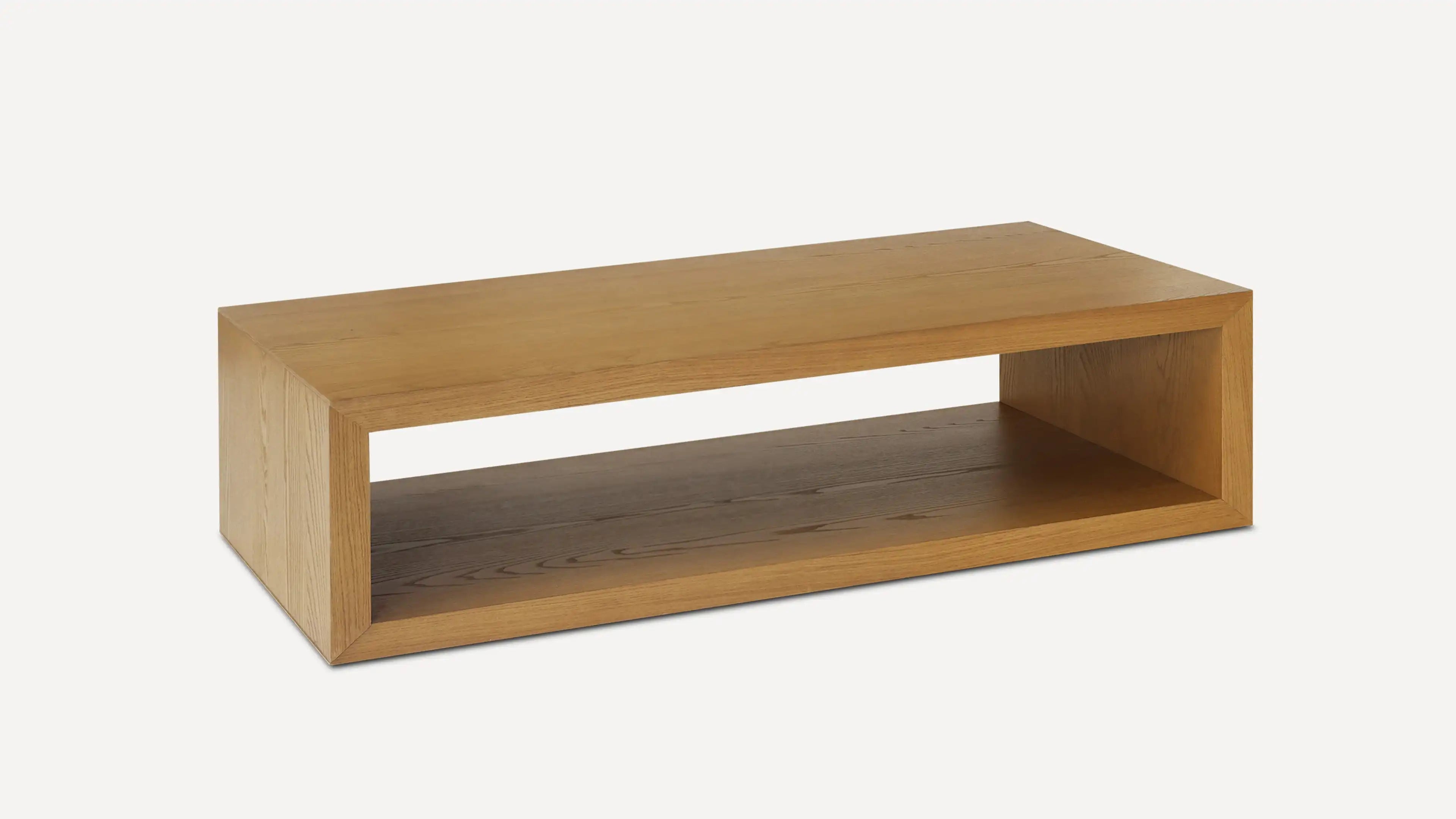 Rectangular wooden coffee table with an open shelf design, featuring a smooth natural finish and minimalist style.
