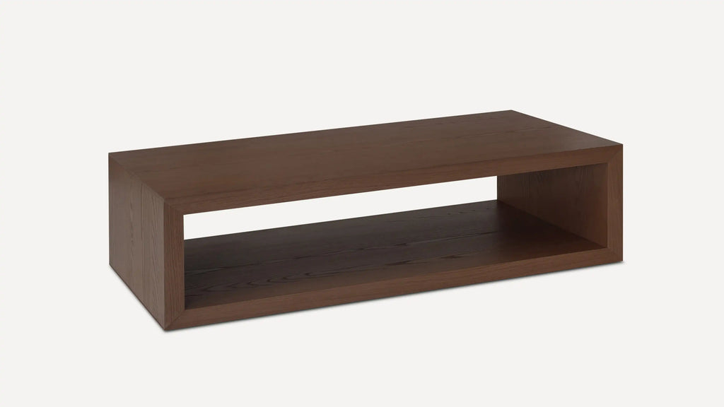 Rectangular modern wooden coffee table with open shelf space, finished in dark brown wood grain.