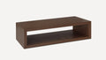 Rectangular modern wooden coffee table with open shelf space, finished in dark brown wood grain.