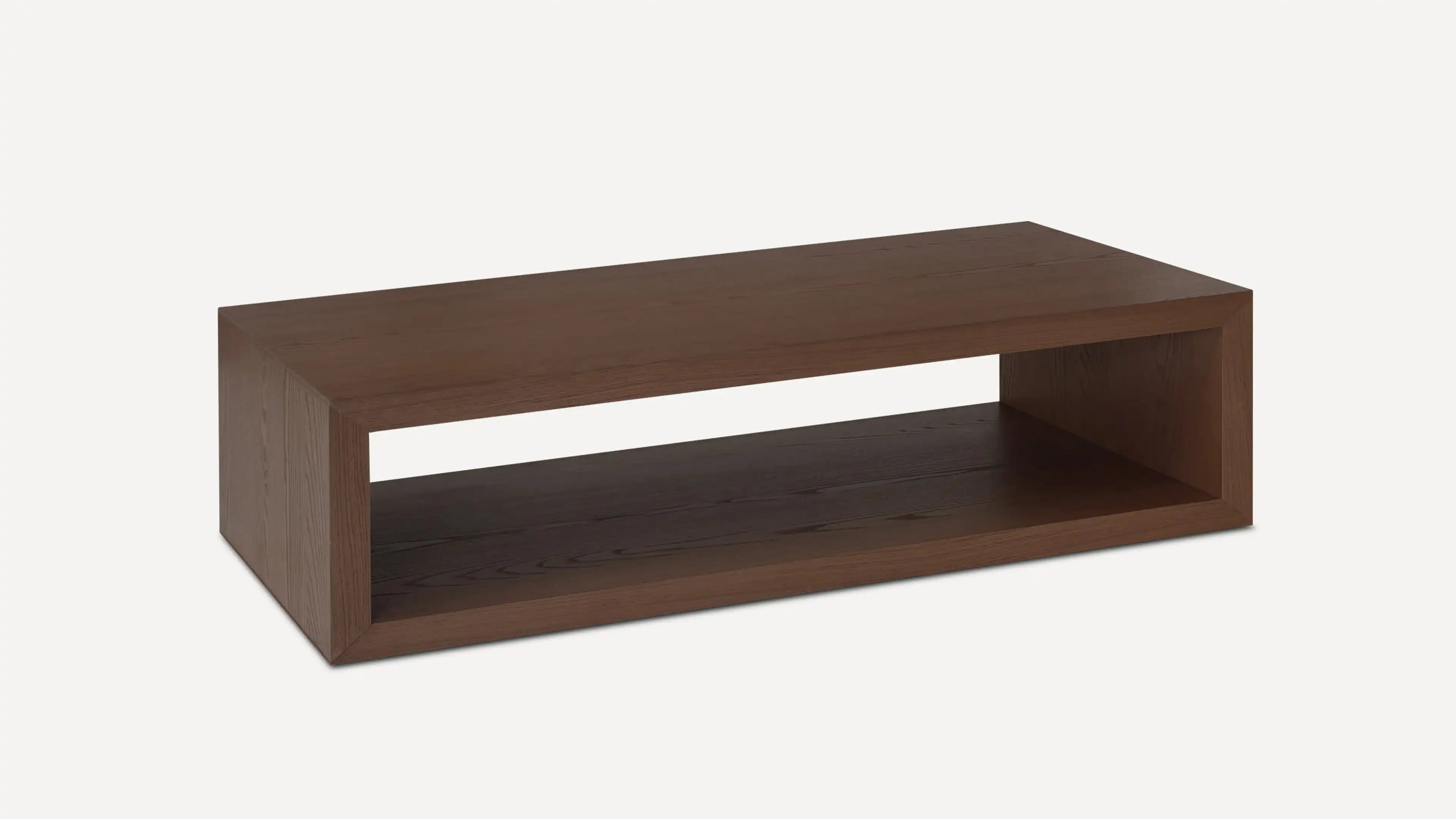 Rectangular modern wooden coffee table with open shelf space, finished in dark brown wood grain.