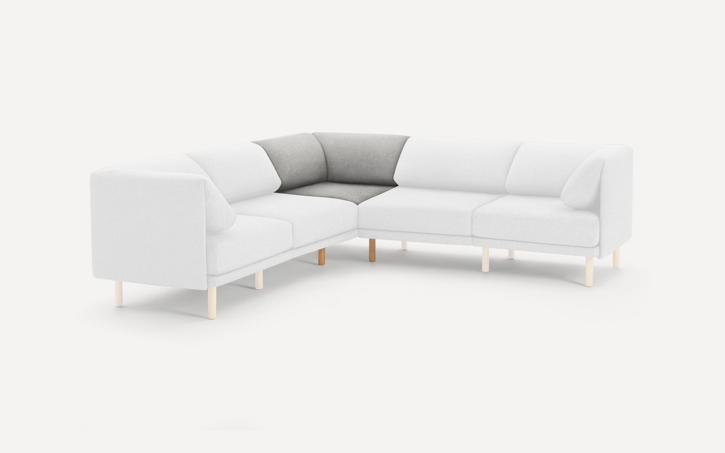 Modern L-shaped sectional sofa with light gray upholstery, beige wooden legs, and cushioned corner seating area.