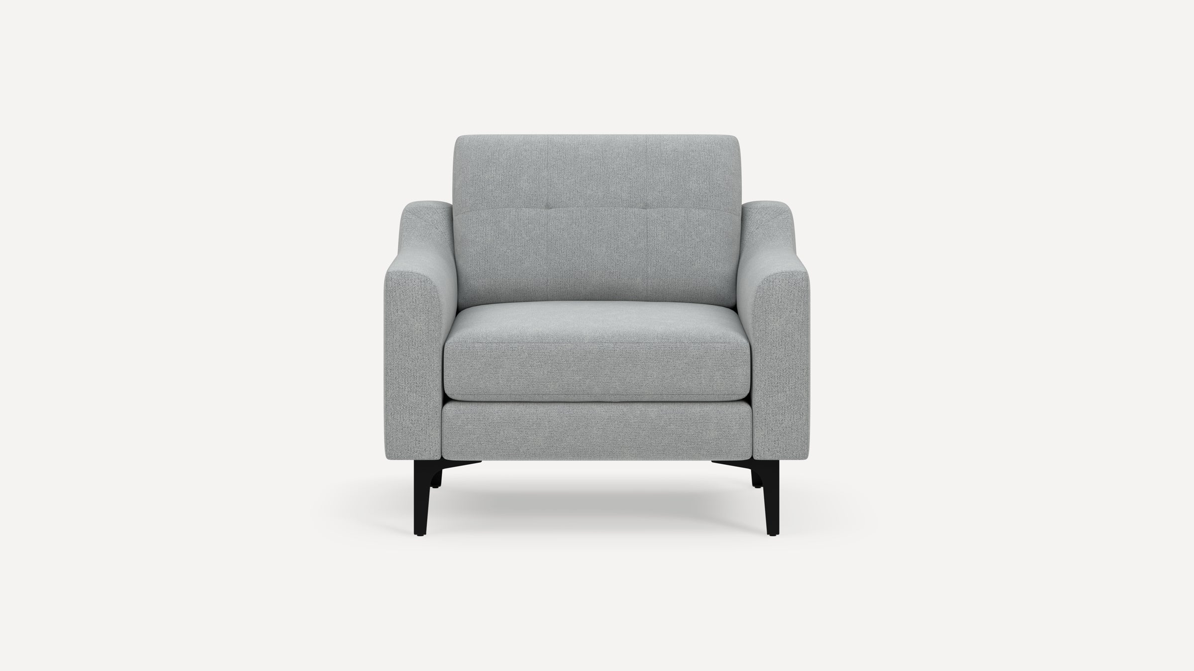 Modern light gray upholstered armchair with padded seat, backrest, and black metal legs on a white background.