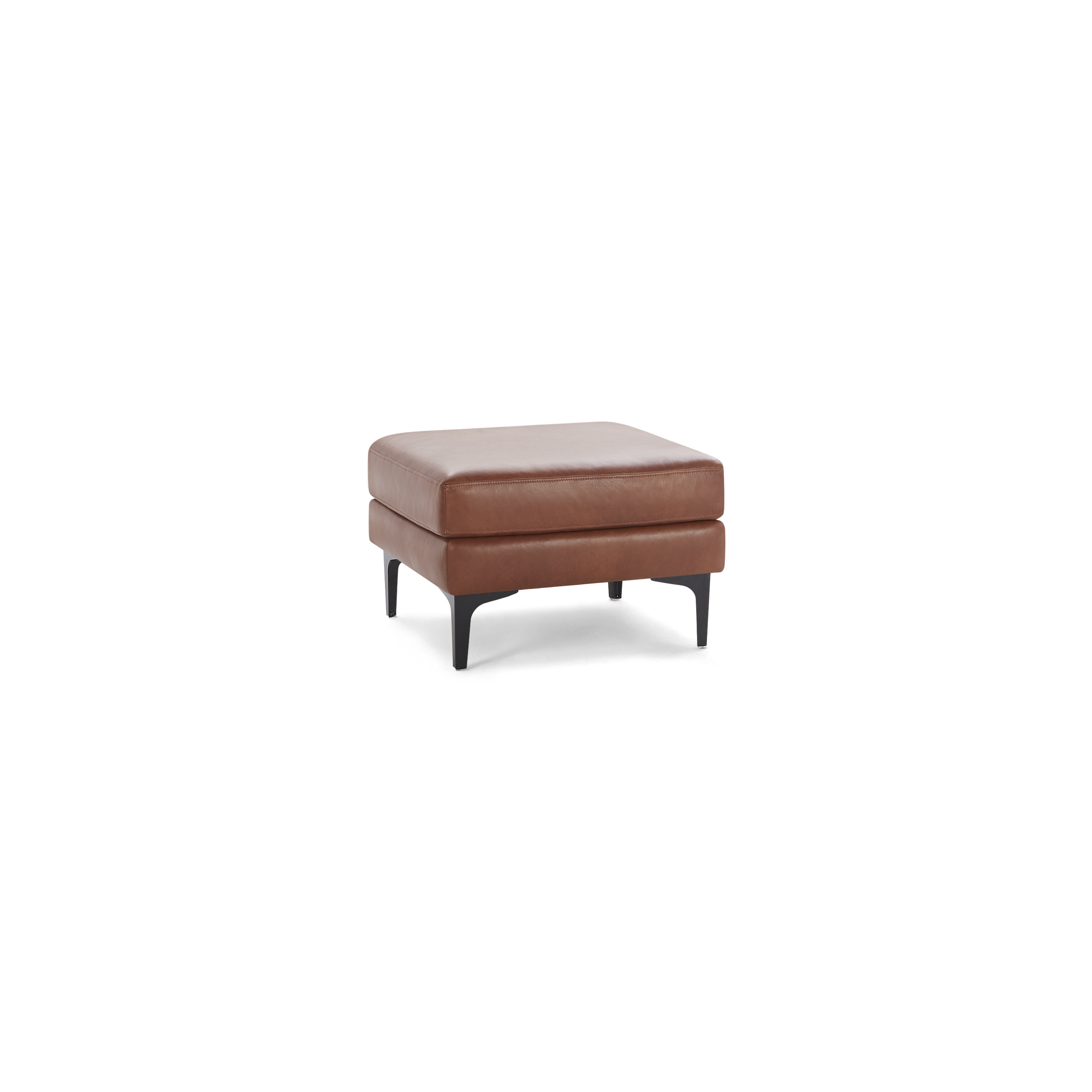 Square brown leather ottoman with cushioned top and black tapered legs, modern and minimalist design.