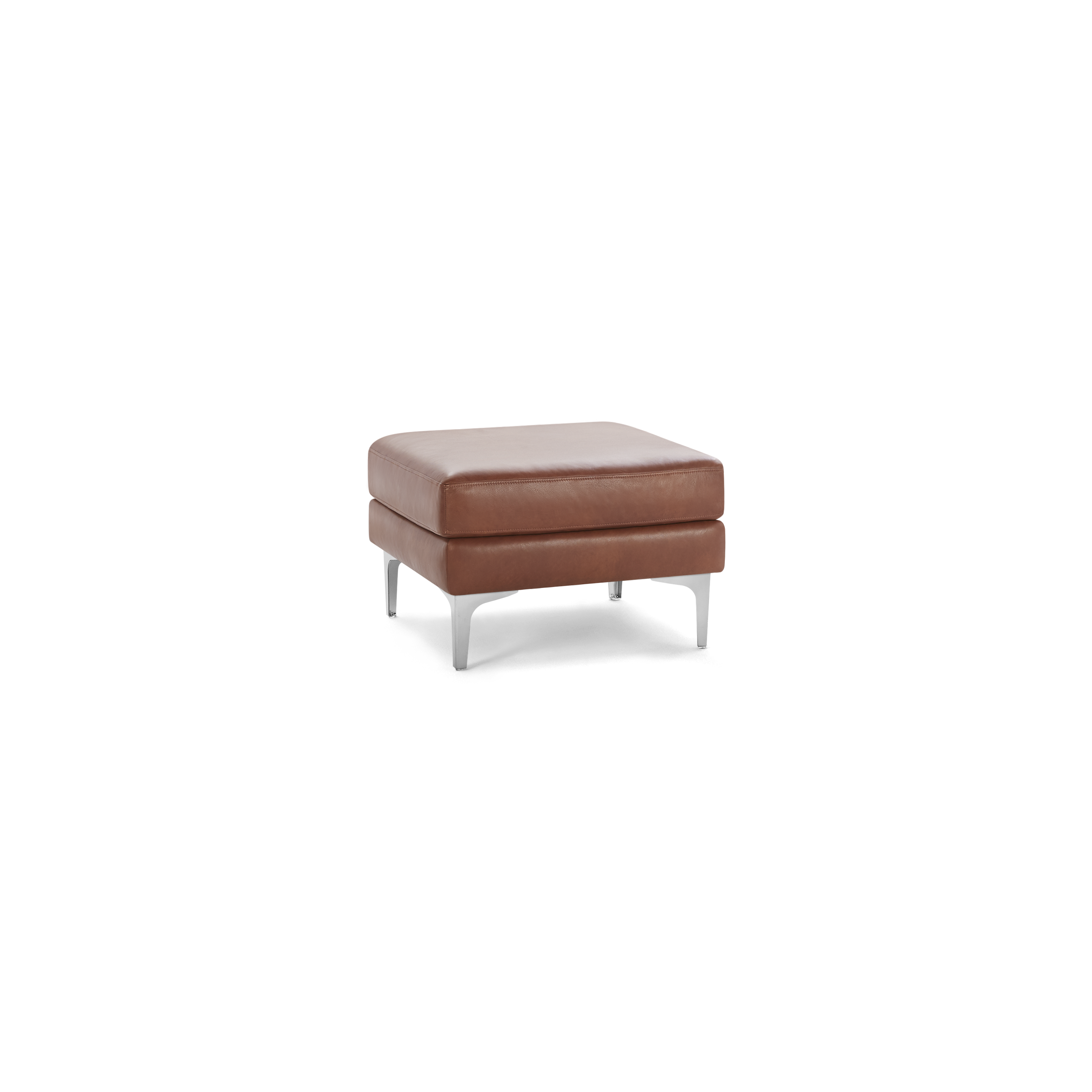 Square brown leather ottoman with cushioned top and sleek, silver metal legs on black background.