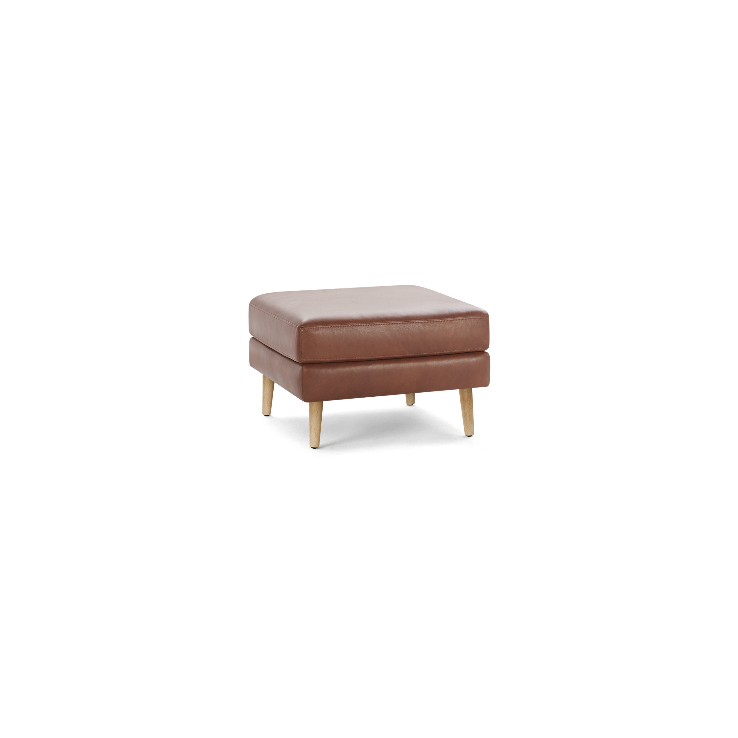Square brown leather ottoman with light wooden legs, featuring a cushioned top and bottom layer.