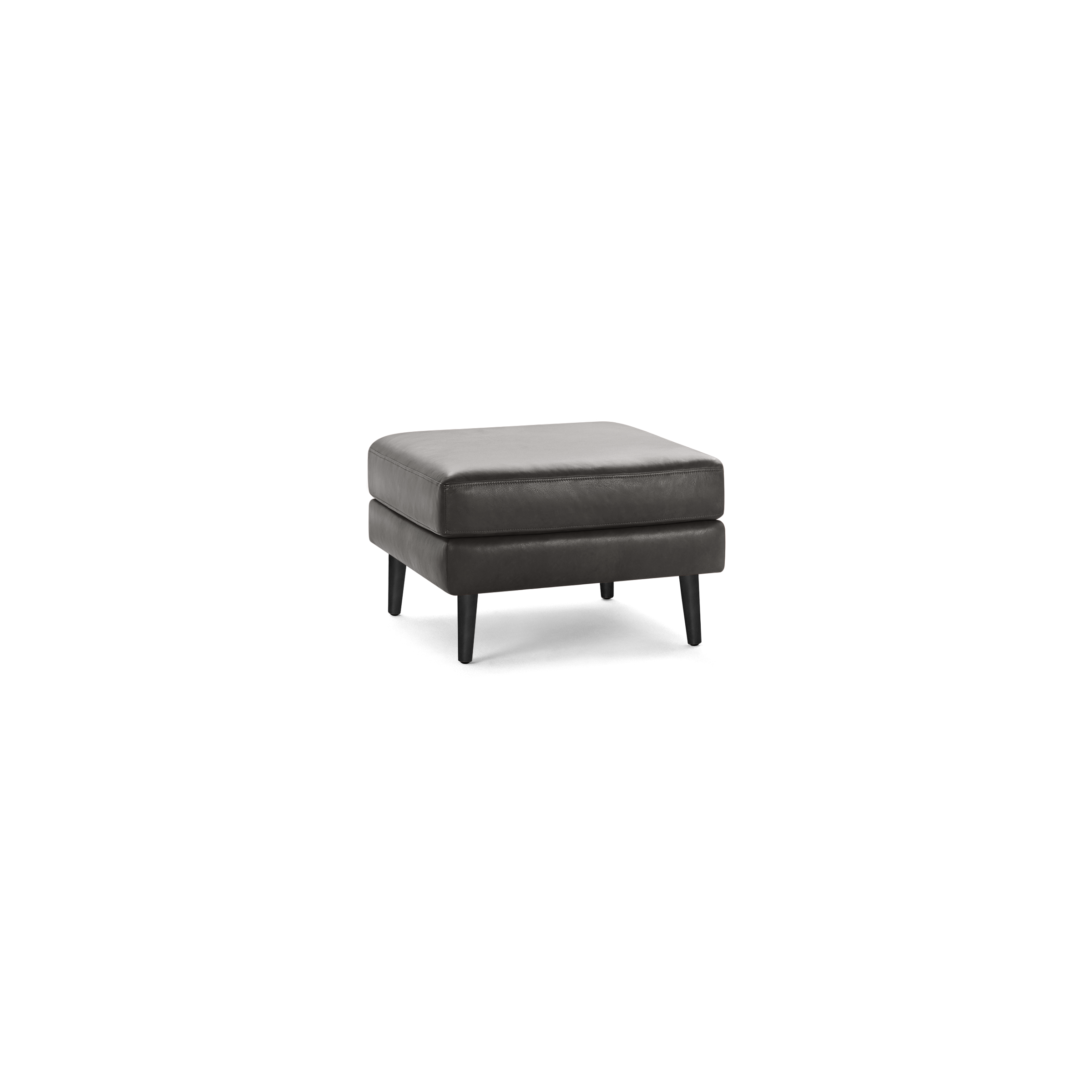 Square-shaped dark gray leather ottoman with cushioned top and four slender black wooden legs.