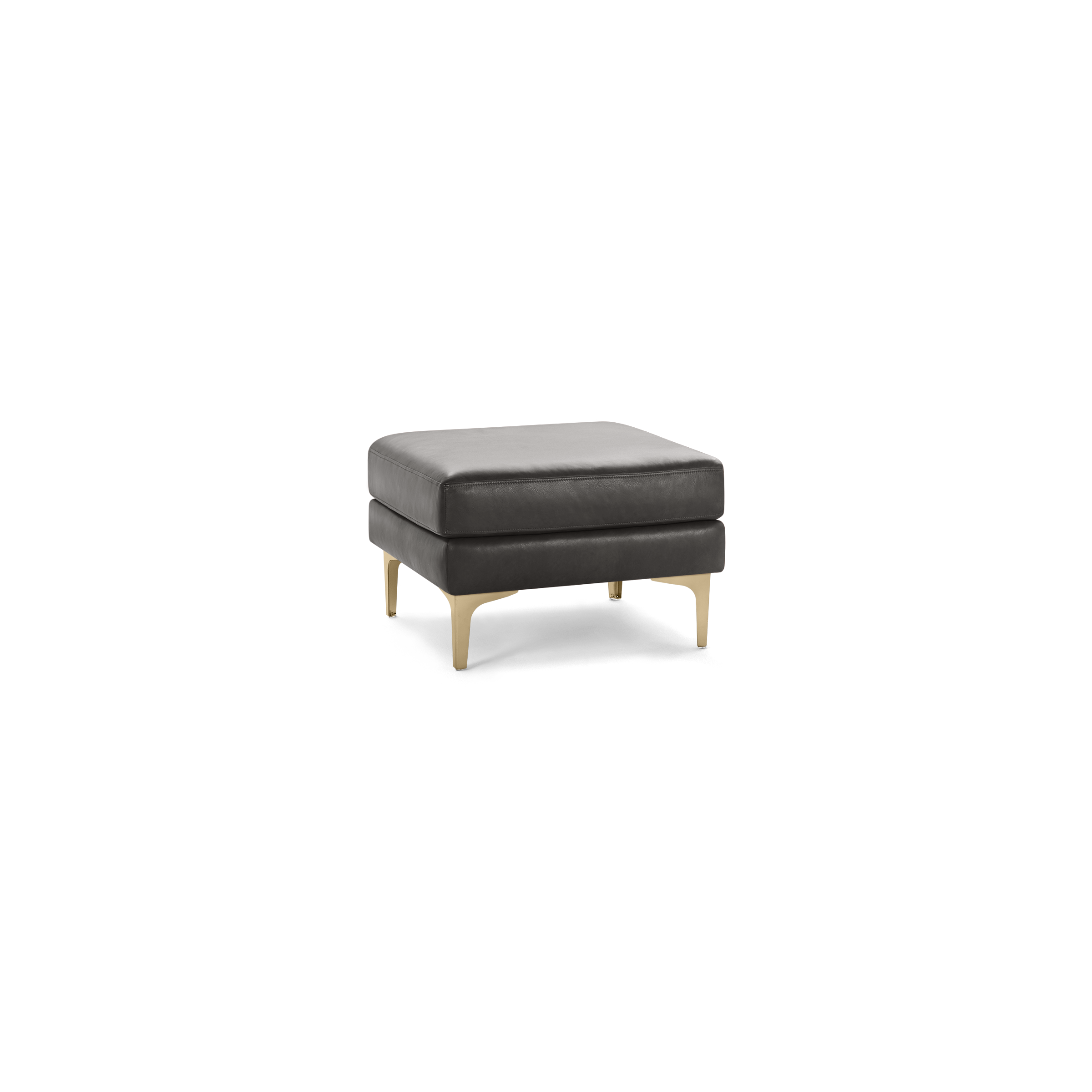 Square black leather ottoman with smooth cushion top and metallic gold legs on a black background.