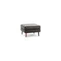 Square dark gray leather ottoman with tufted cushion top and four tapered wooden legs.