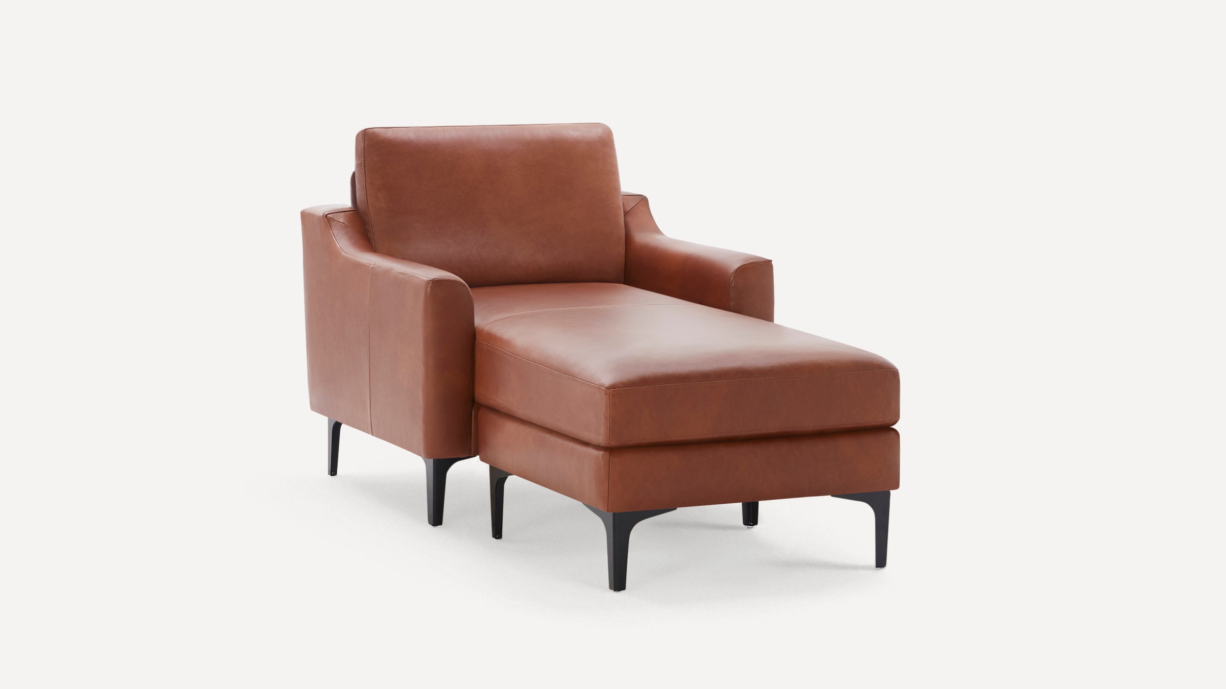 Modern brown leather chaise lounge chair with armrests and black tapered legs on a white background.