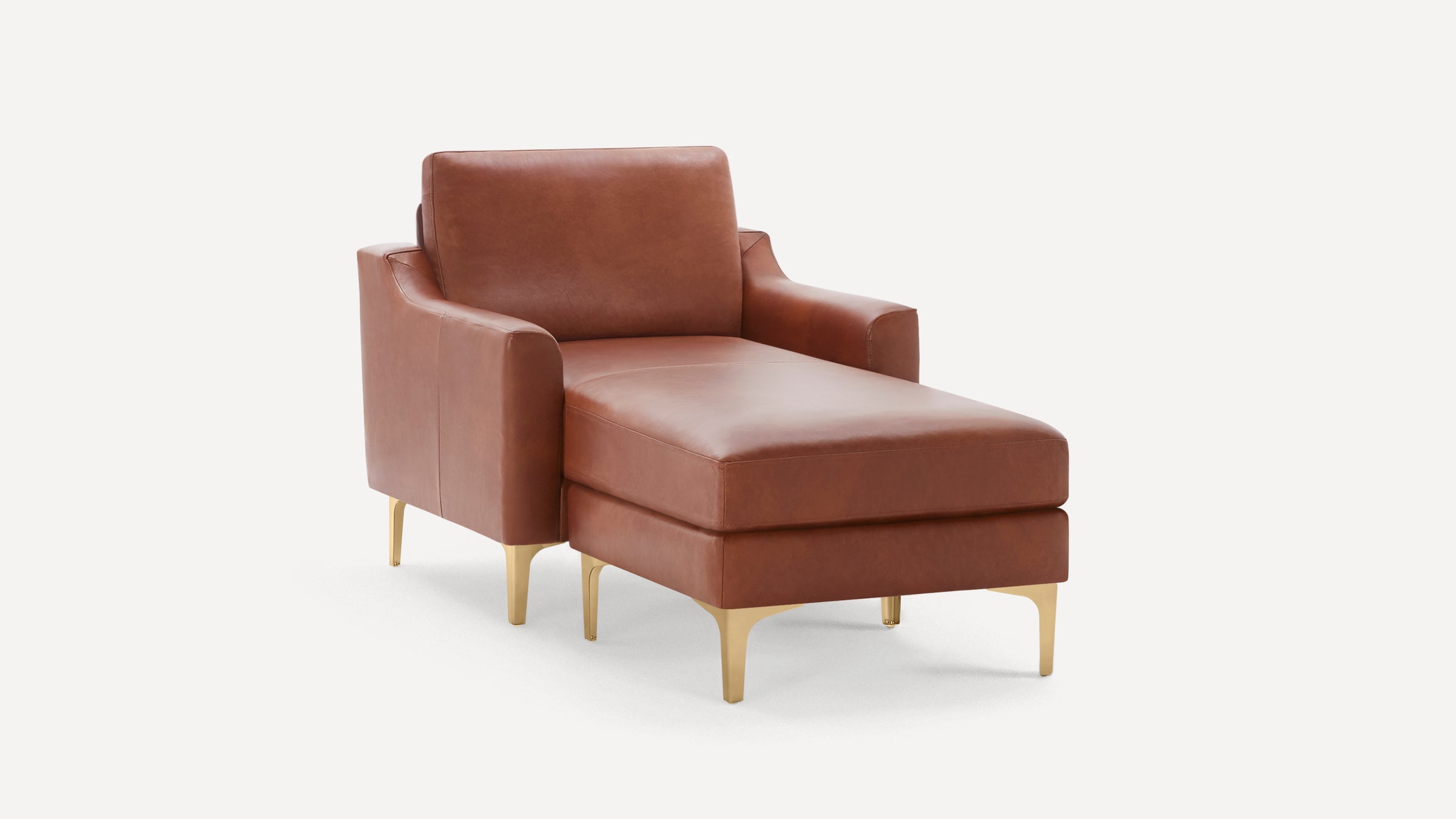 Brown leather chaise lounge with gold metal legs, featuring a cushioned seat, backrest, and armrests.