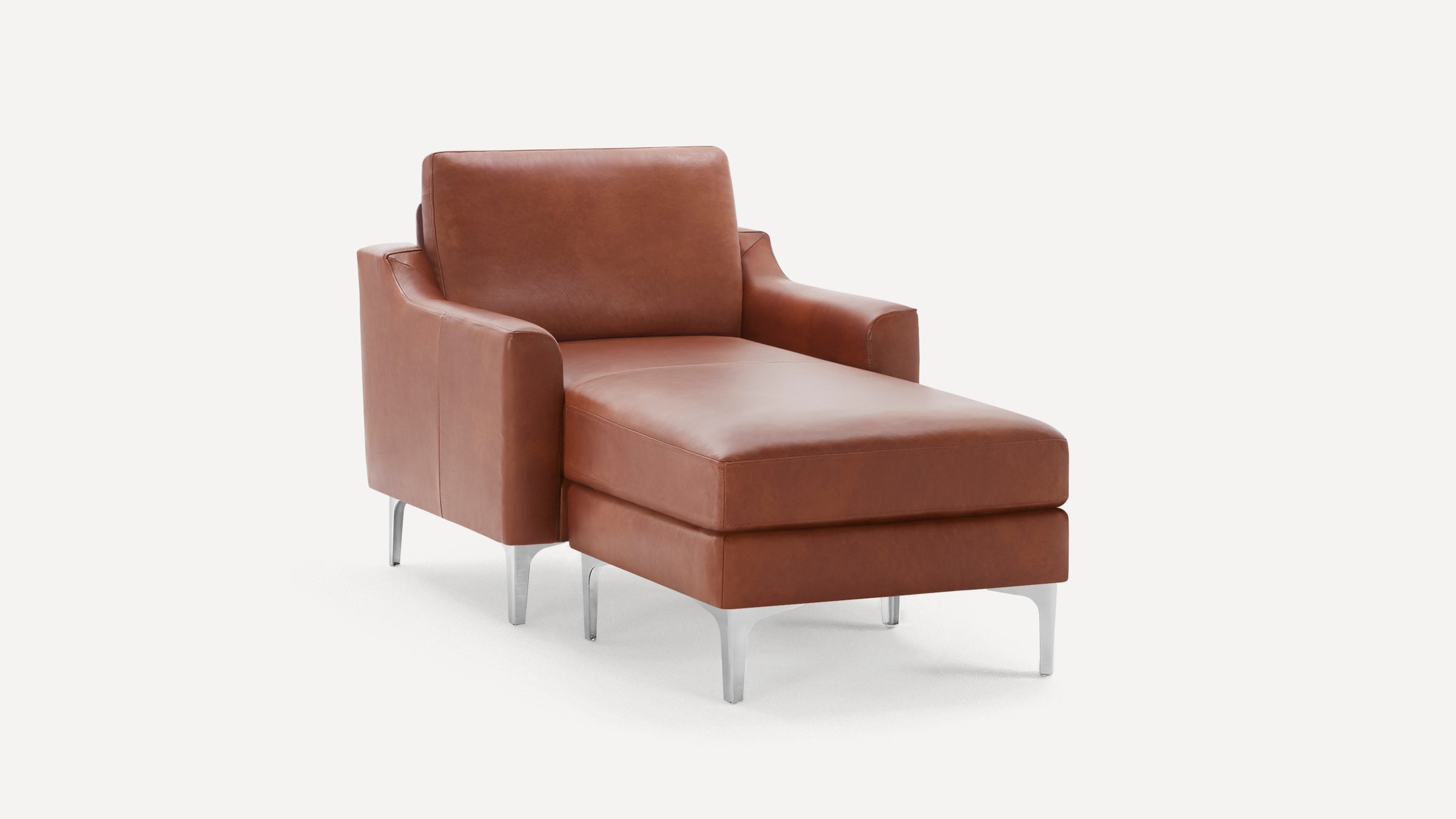 Modern brown leather chaise lounge chair with sleek metal legs, cushioned seat, backrest, and armrests.