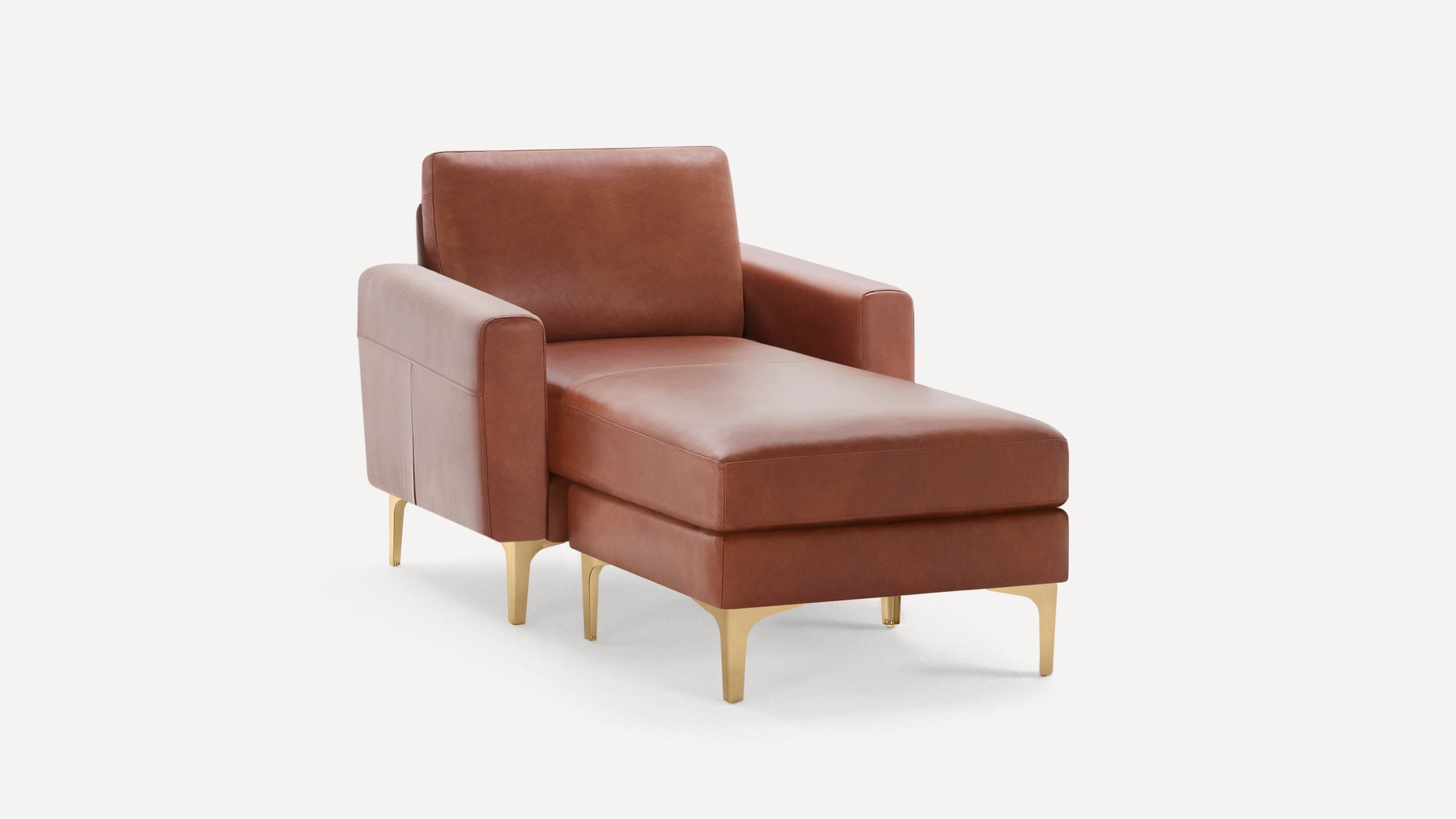 Modern brown leather chaise lounge with slim armrests and gold metal legs on a white background.