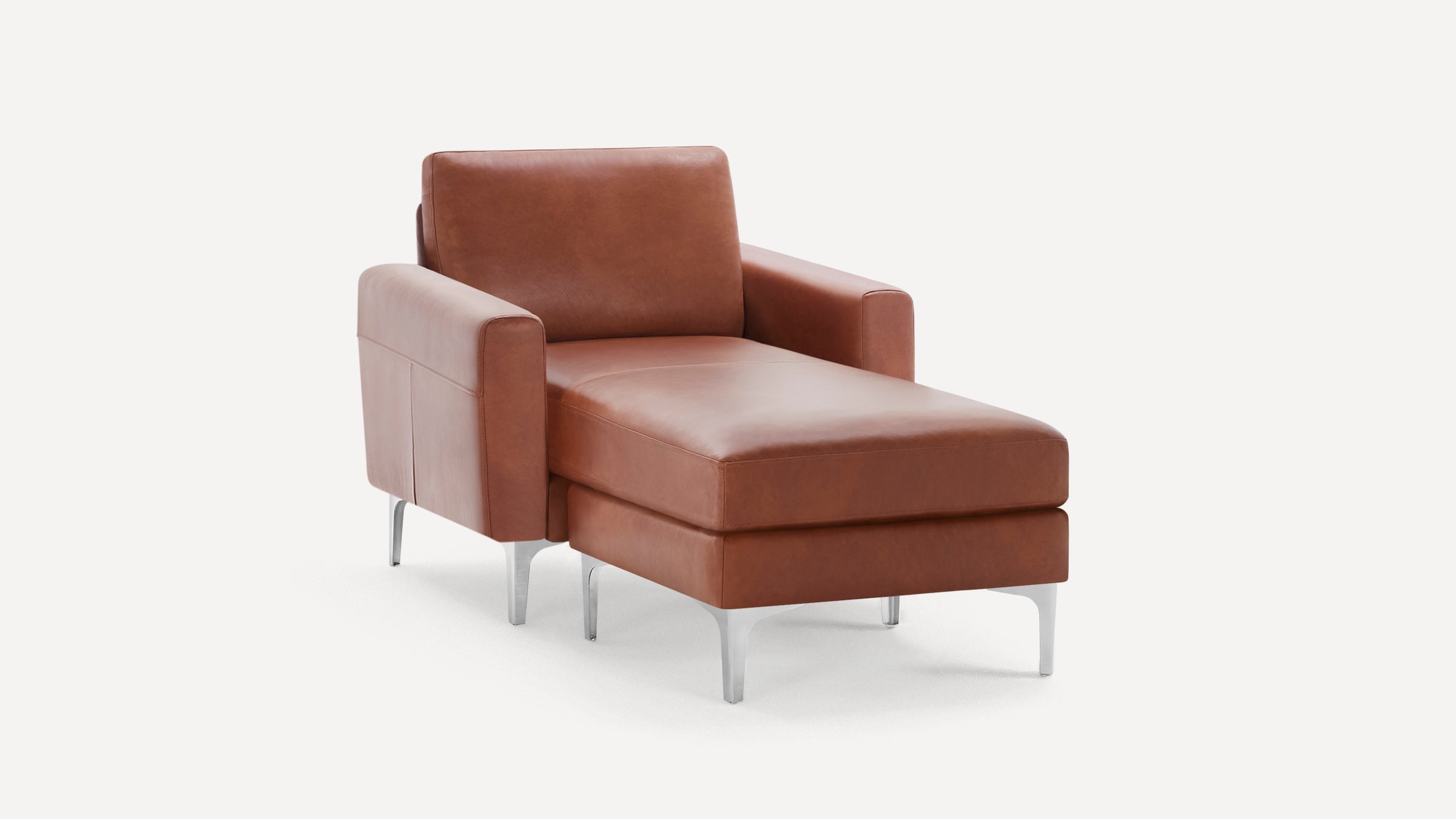 Modern brown leather chaise lounge with armrests and silver metal legs, angled view on white background.