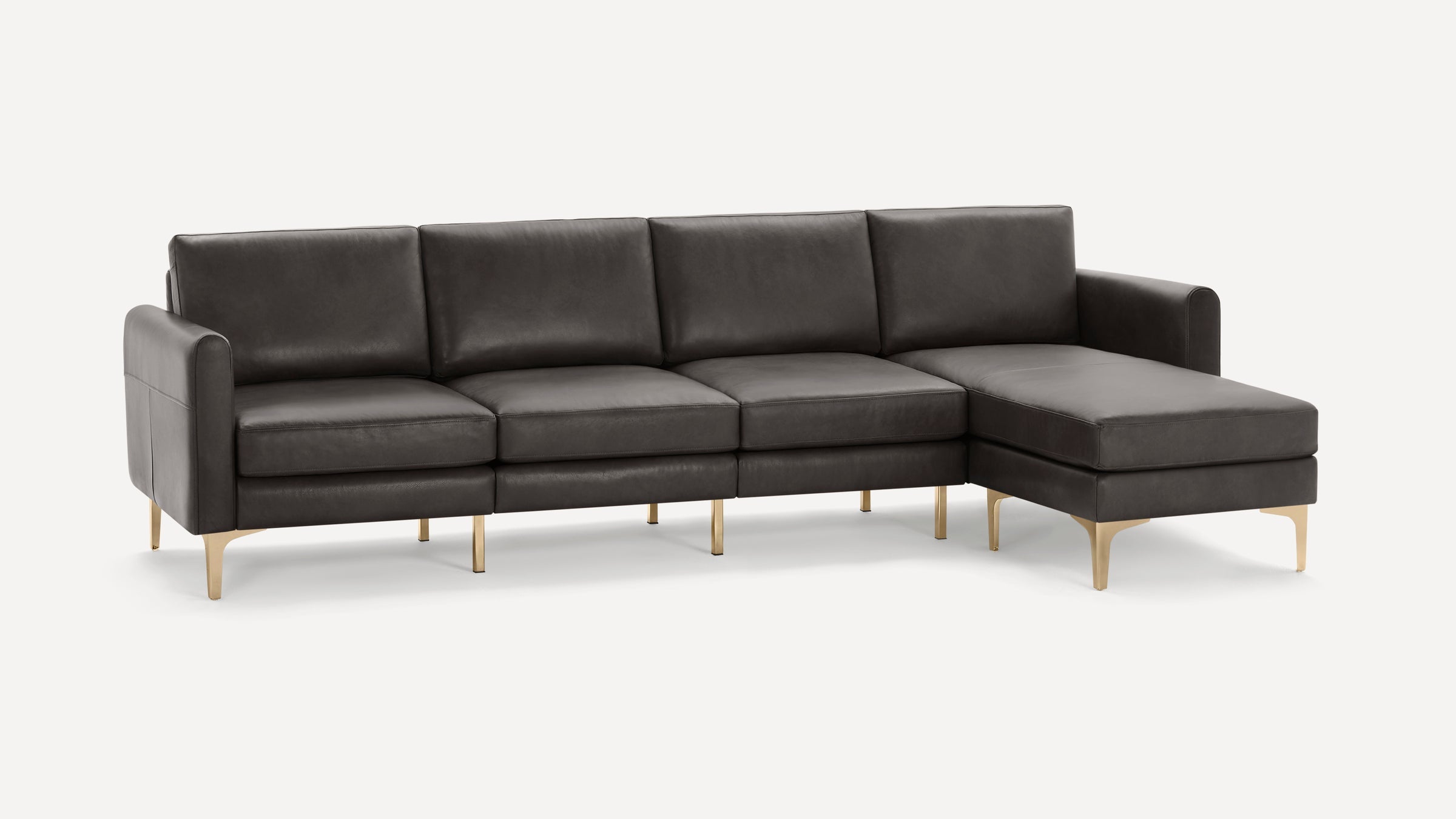 Dark gray leather sectional sofa with clean lines, gold metal legs, right chaise, and cushioned seats and backs.