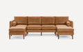 Modern brown leather sectional sofa with clean lines, wooden legs, and two cylindrical bolster pillows on each chaise end.