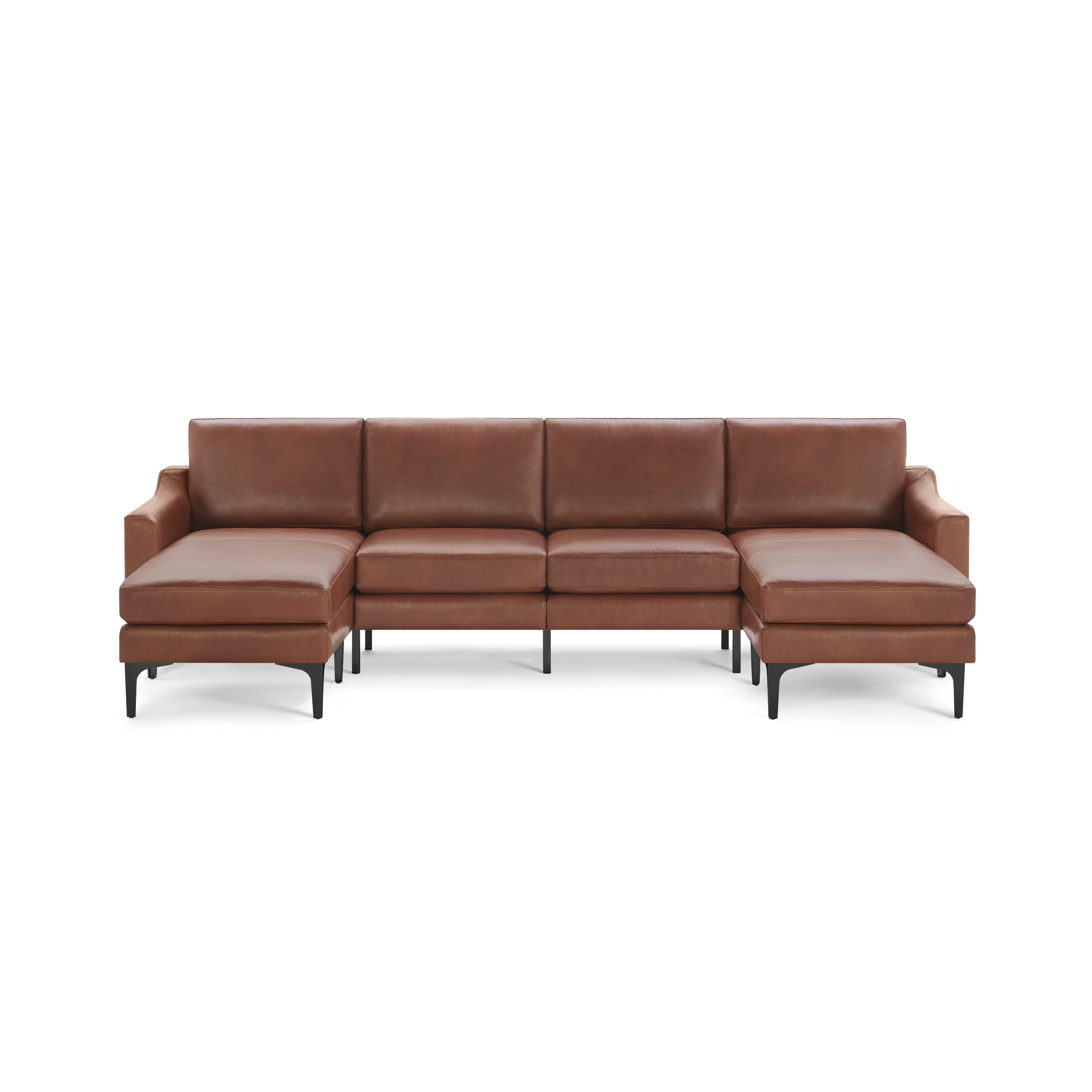 Modern brown leather U-shaped sectional sofa with metal legs and padded cushions, featuring spacious chaise lounges on both ends.