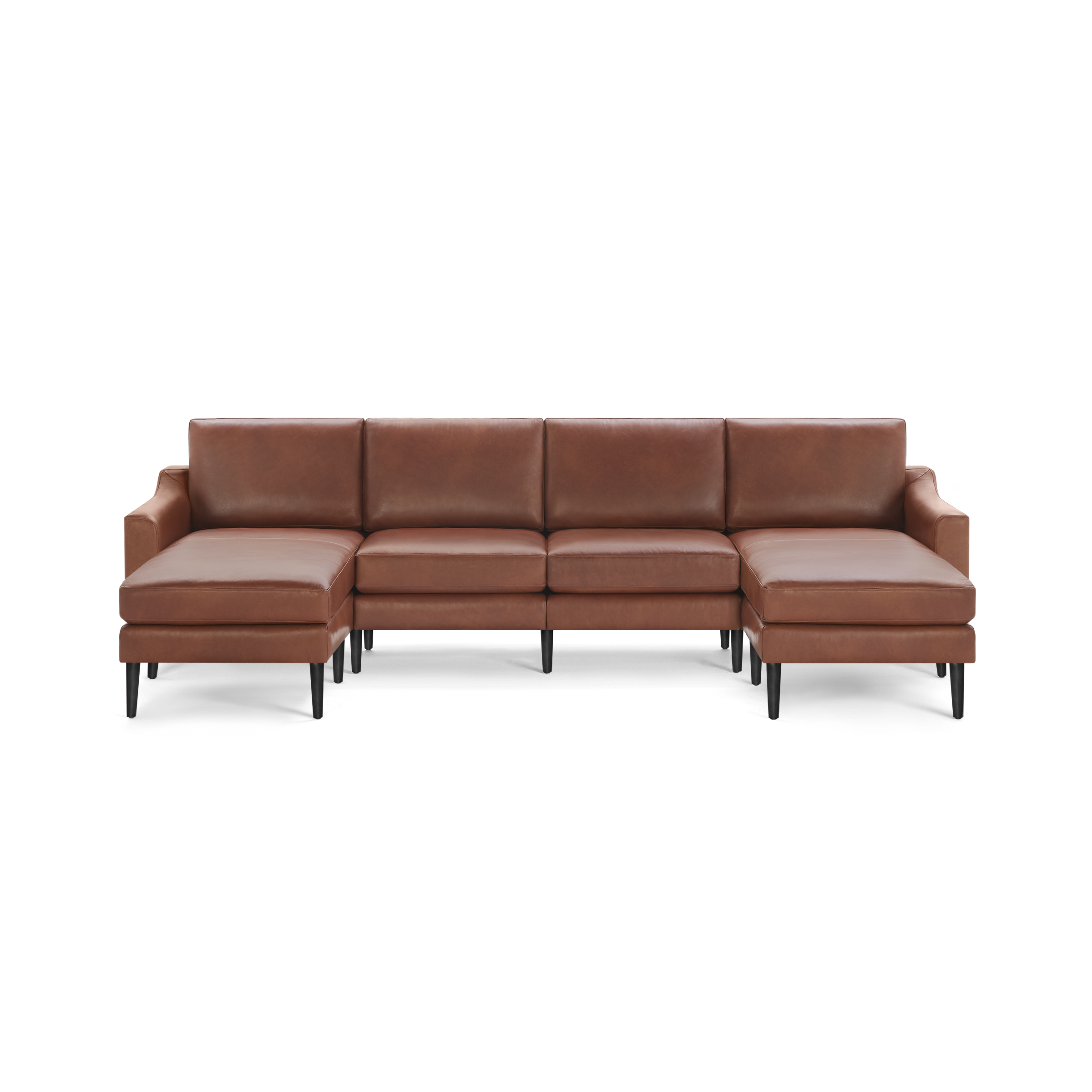 Large modern sectional sofa with brown leather upholstery, black wooden legs, and chaise lounges on both ends.