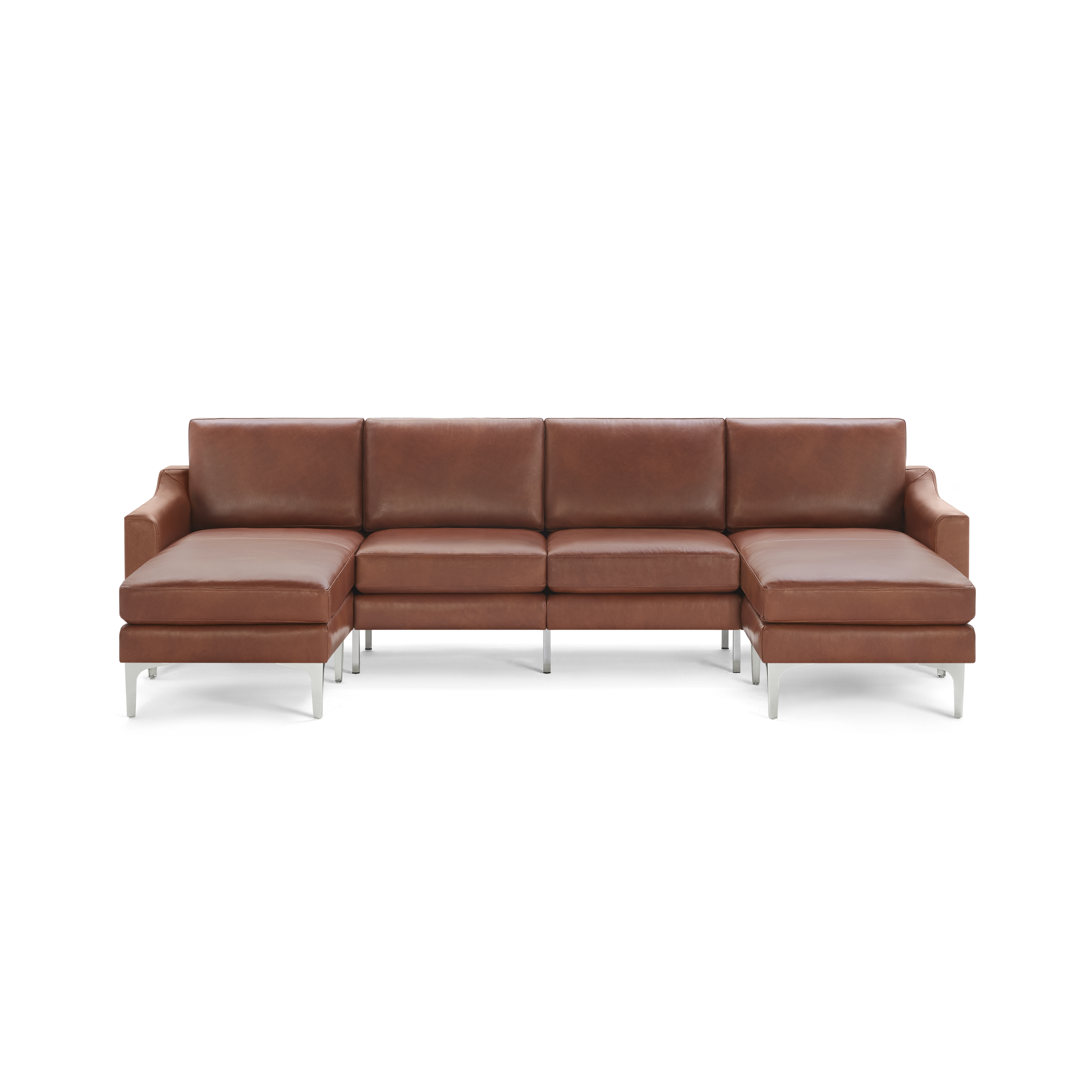 Modern brown leather sectional sofa with metal legs, featuring left and right chaise lounge ends and cushioned backrests.