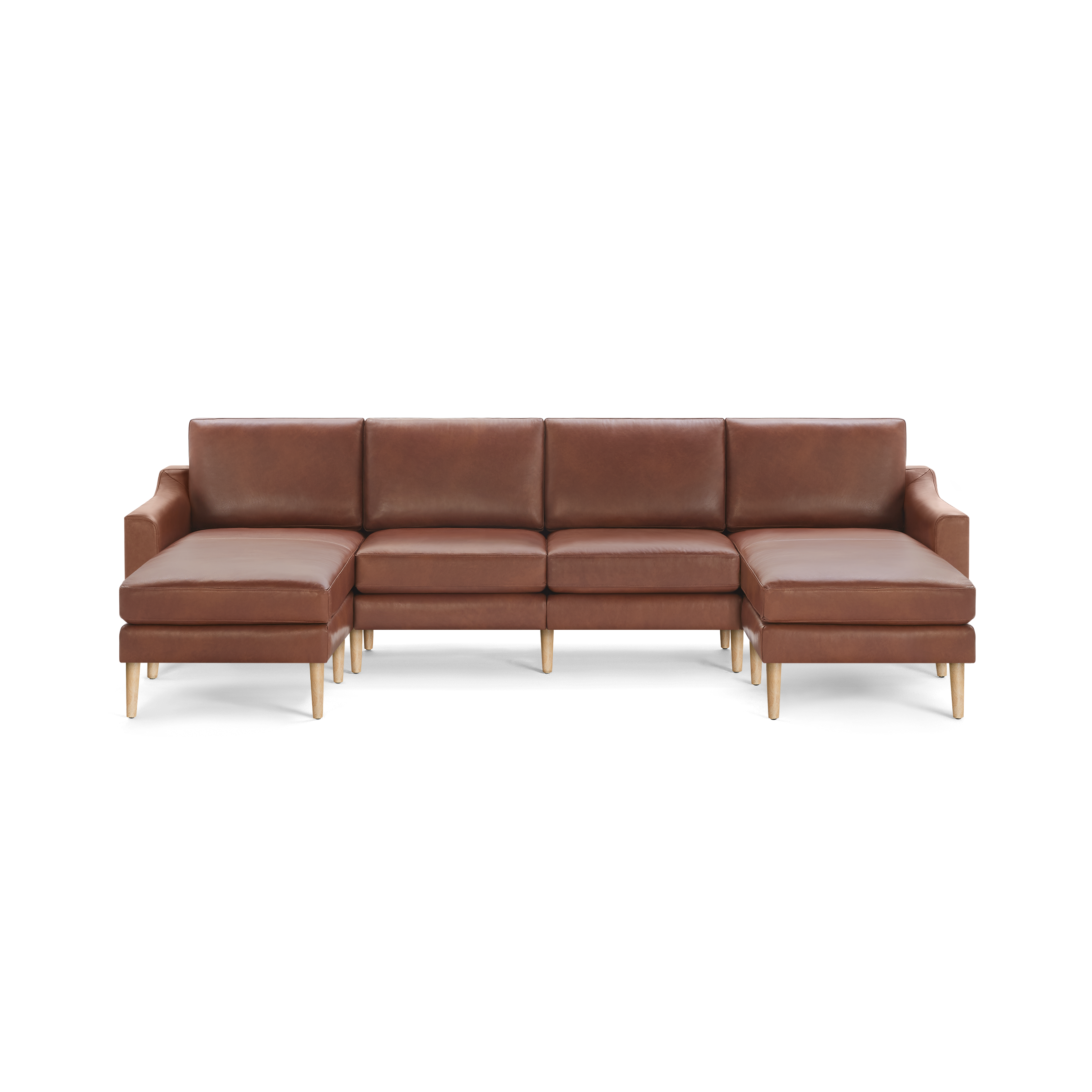 Large modern sectional sofa in brown leather with wooden legs, featuring left and right chaise lounge ends and clean, squared cushions.
