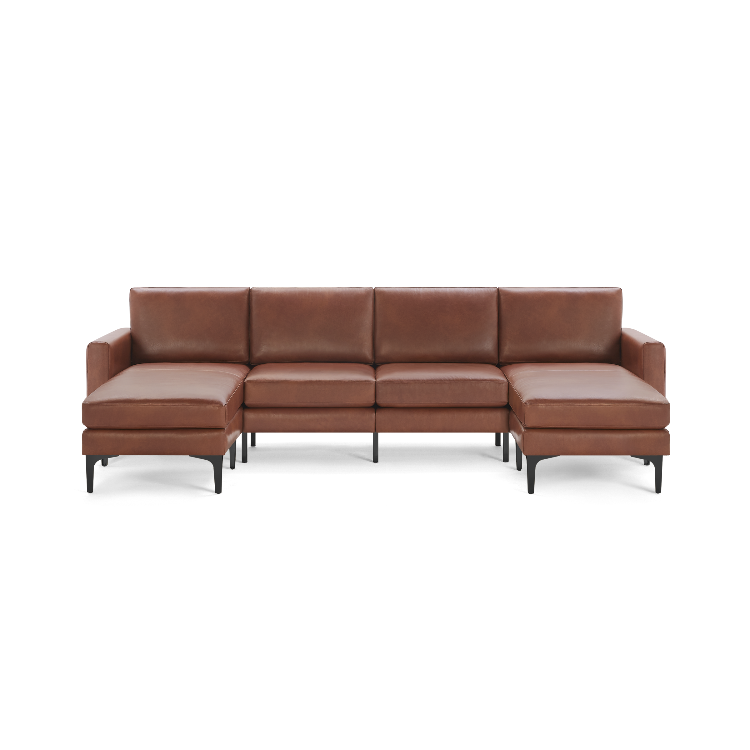 Modern brown leather sectional sofa with chaise lounges on both ends, supported by sleek black metal legs.