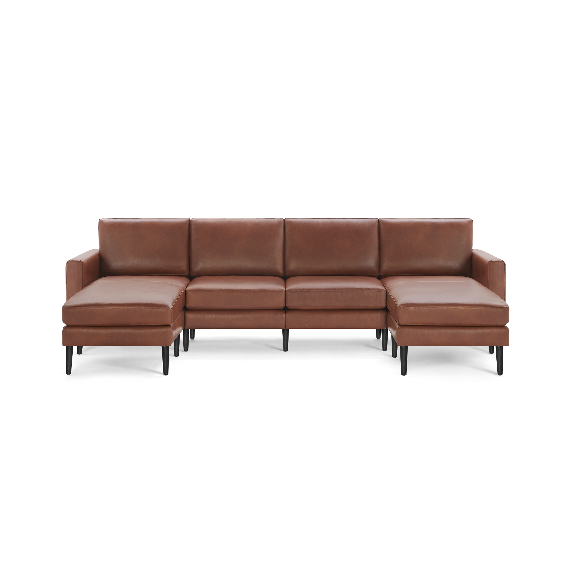 Modern U-shaped sectional sofa upholstered in smooth brown leather with black tapered legs and cushioned seats and backs.