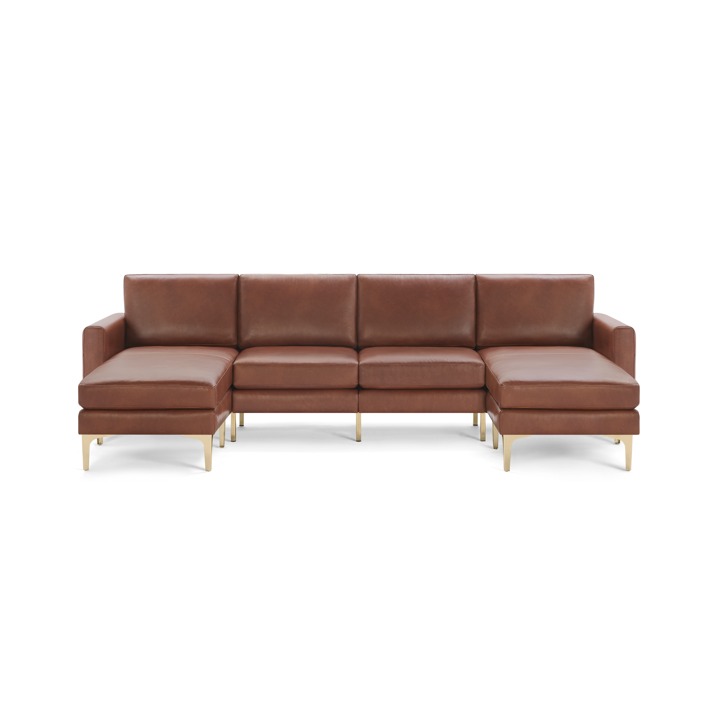 Large modern sectional sofa with brown leather upholstery, clean lines, cushioned seats, and gold metal legs, featuring left and right chaise lounges.