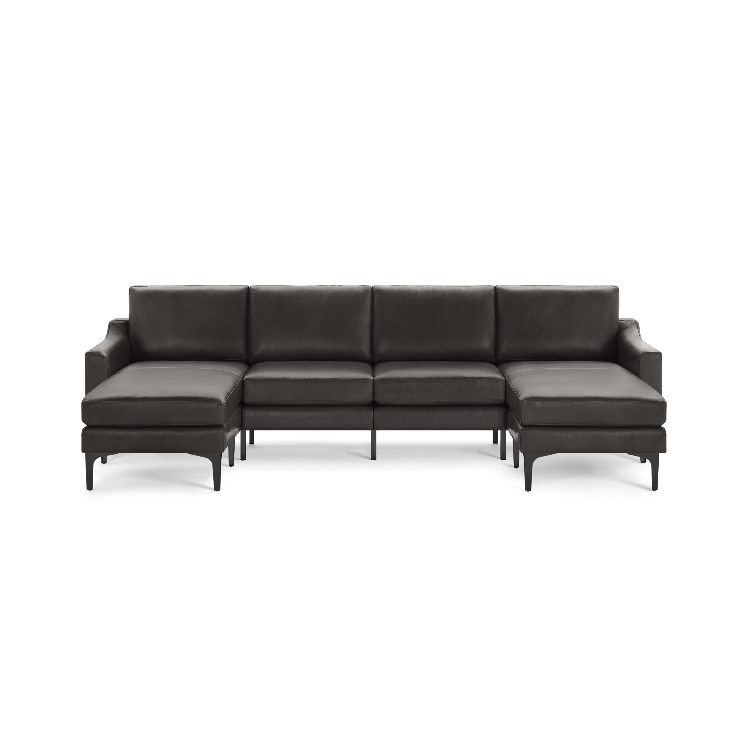 Modern black leather sectional sofa with chaise lounges on both ends, sleek metal legs, and padded back cushions.