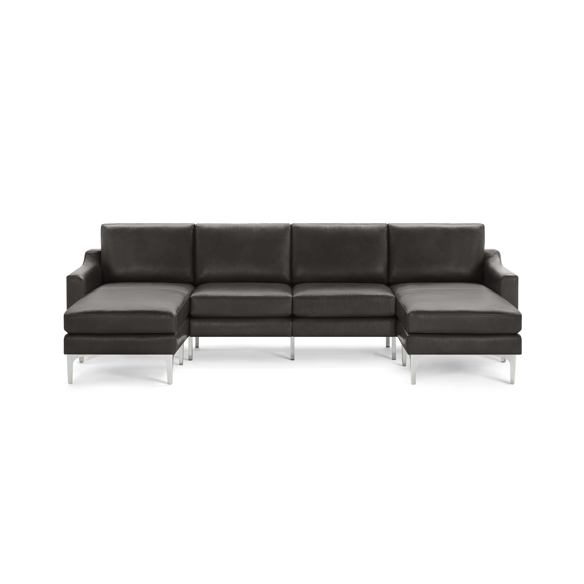 Modern black leather sectional sofa with sleek chrome legs, featuring extended chaise lounges on both ends for extra comfort.