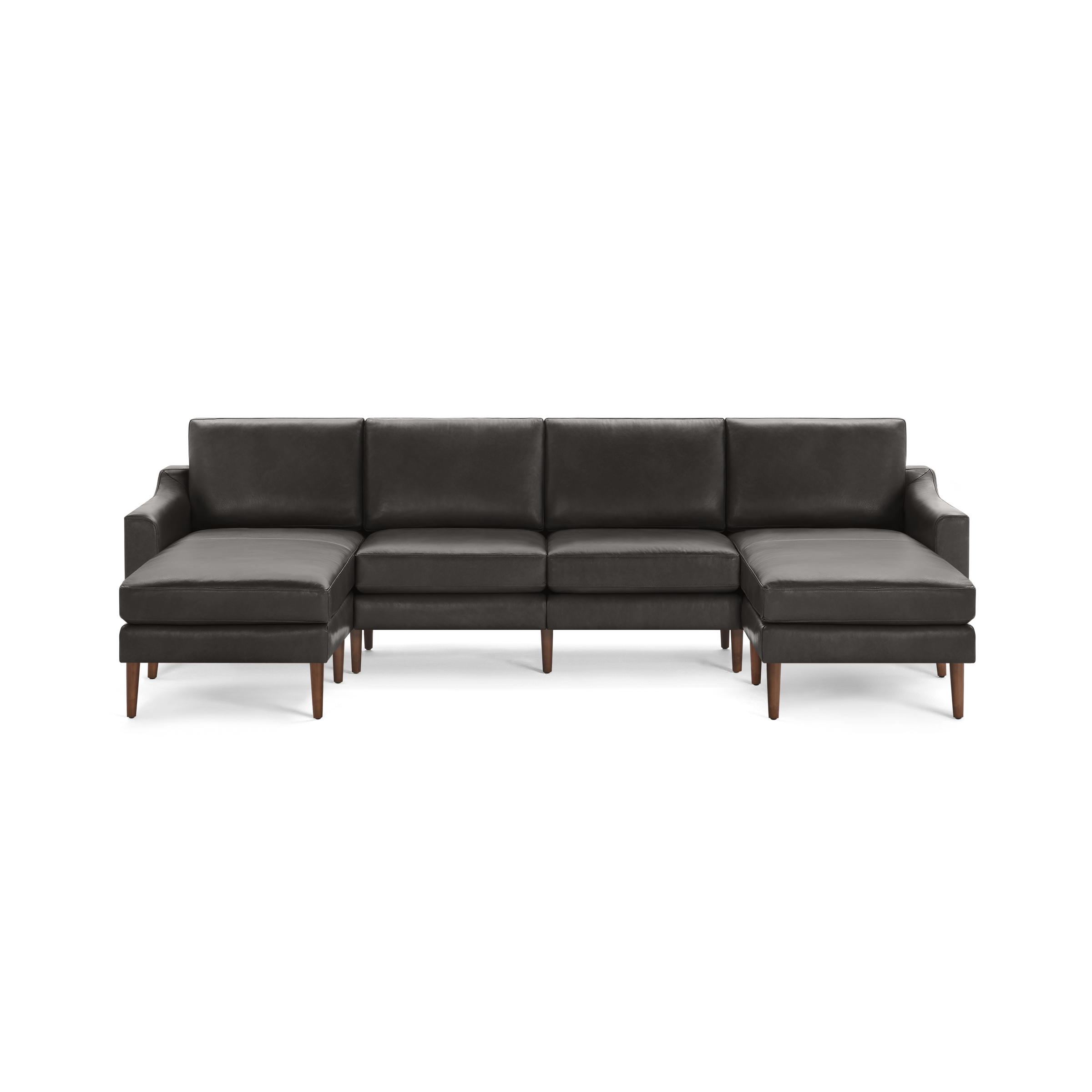 Dark gray leather sectional sofa with wooden legs, featuring wide chaise lounges on both ends and plush cushions.