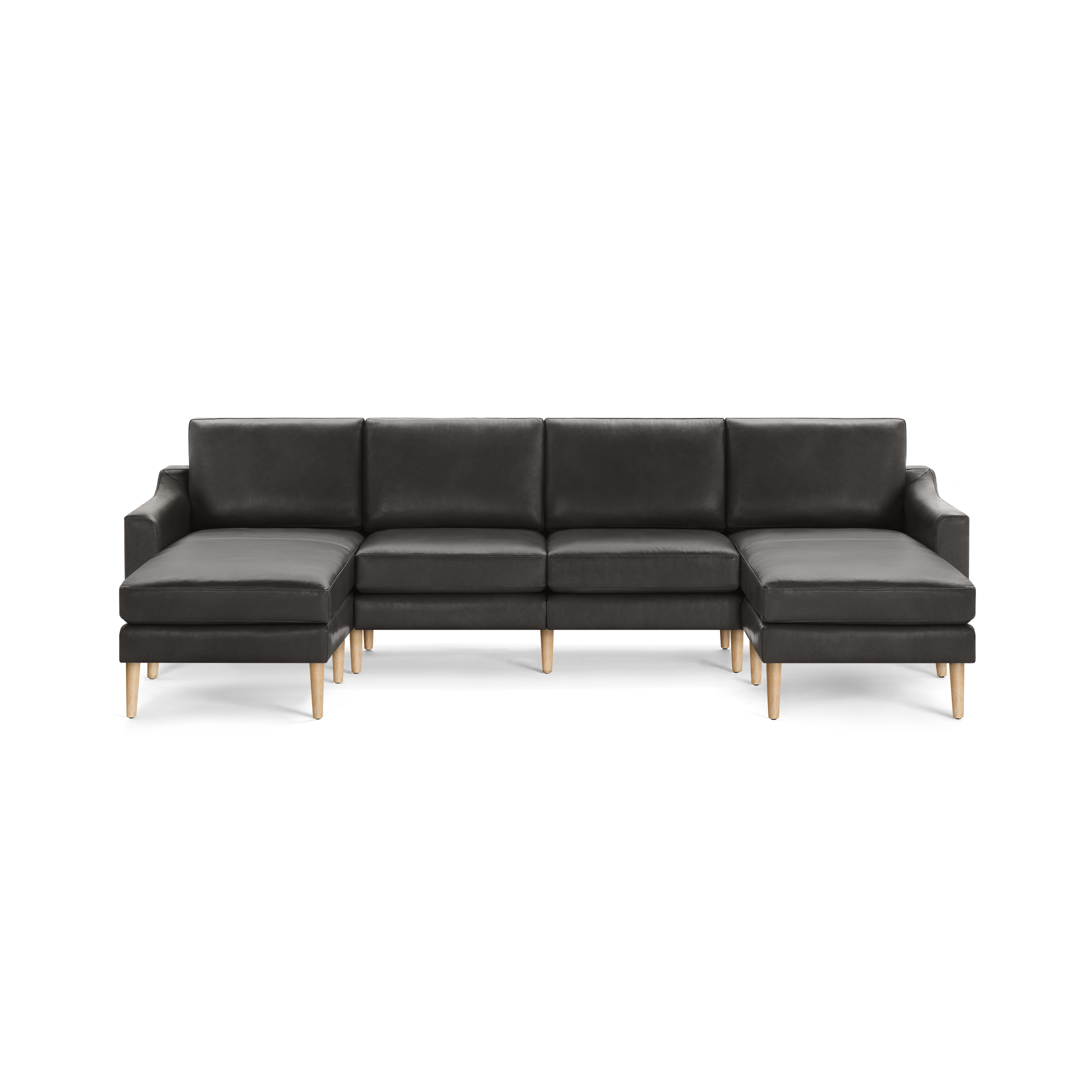 Modern dark gray leather U-shaped sectional sofa with wooden legs and chaise lounge extensions on both ends.