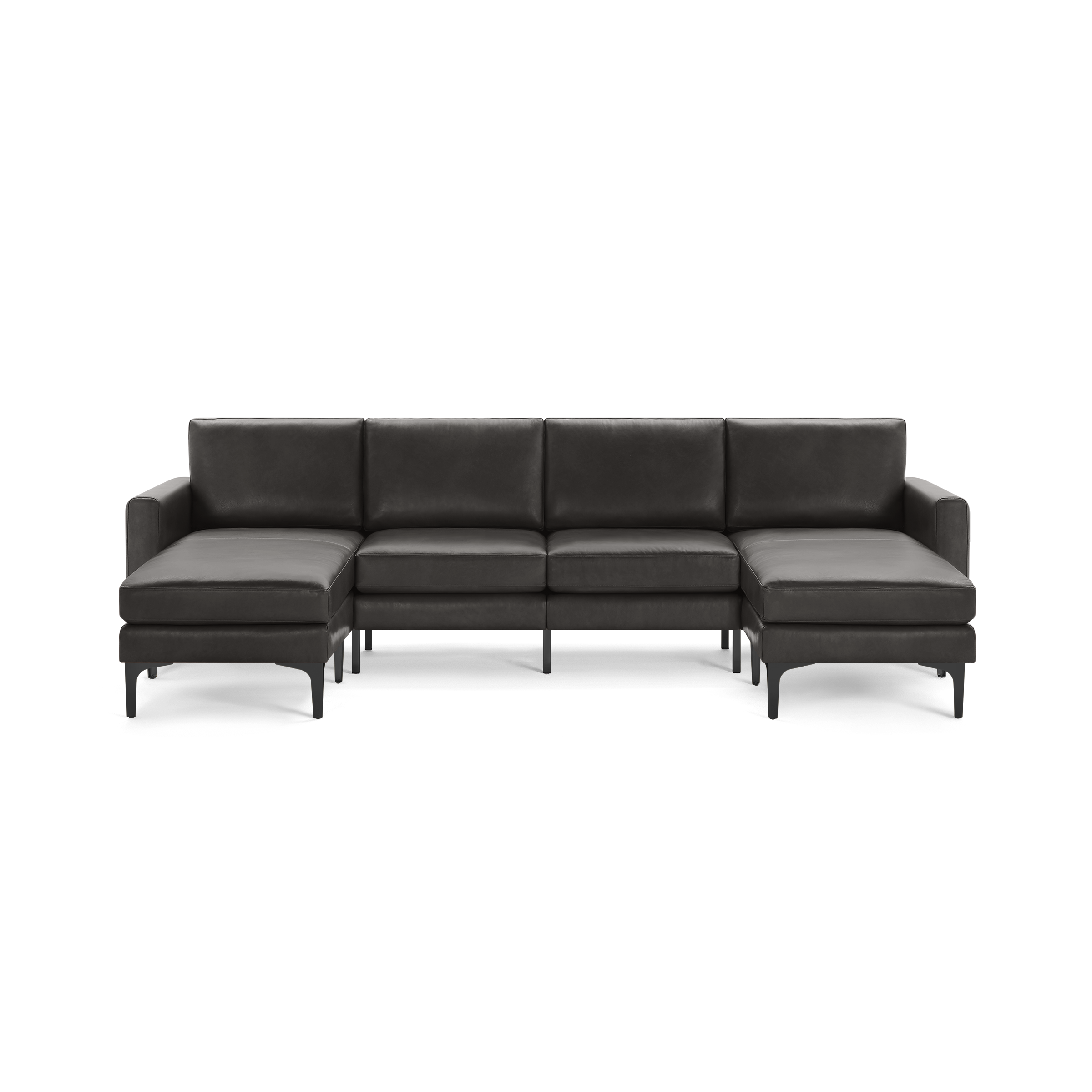 Modern dark gray leather U-shaped sectional sofa with clean lines and slim black legs, featuring two chaise lounges on each end.