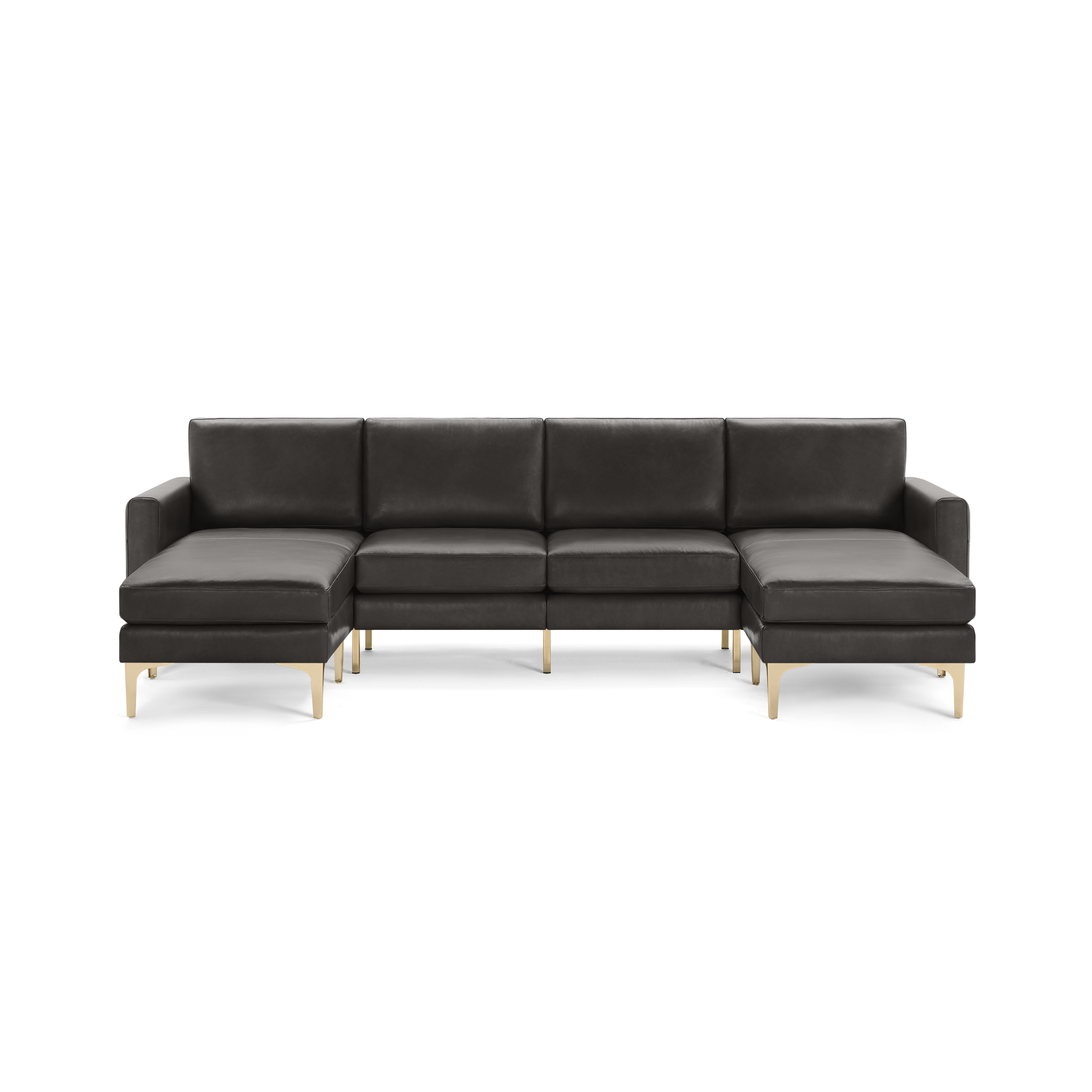 Modern dark gray leather sectional sofa with gold metal legs, featuring left and right chaise lounge ends and cushioned backrests.