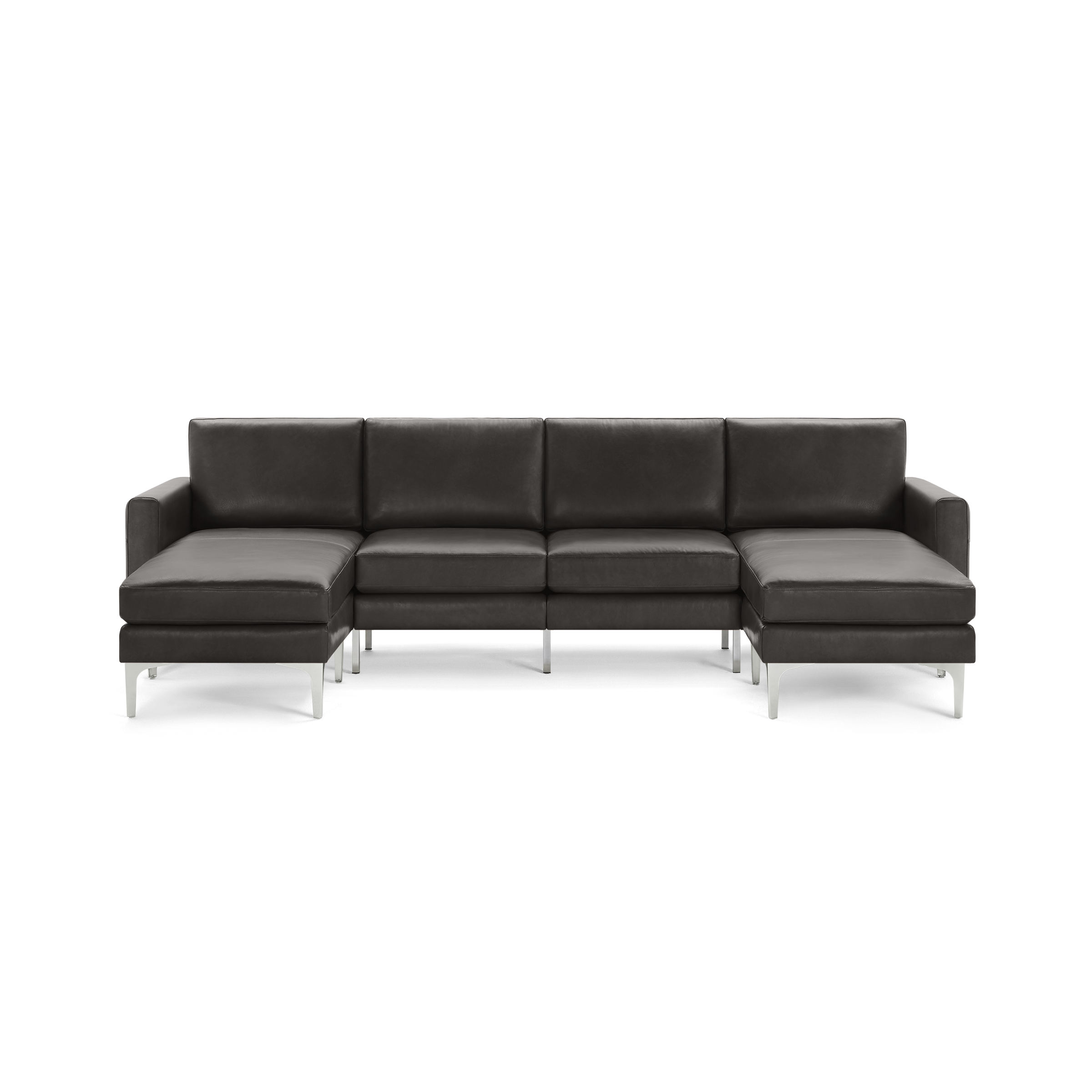 Modern dark brown leather U-shaped sectional sofa with clean lines, cushioned seats, backrests, and sleek metal legs.