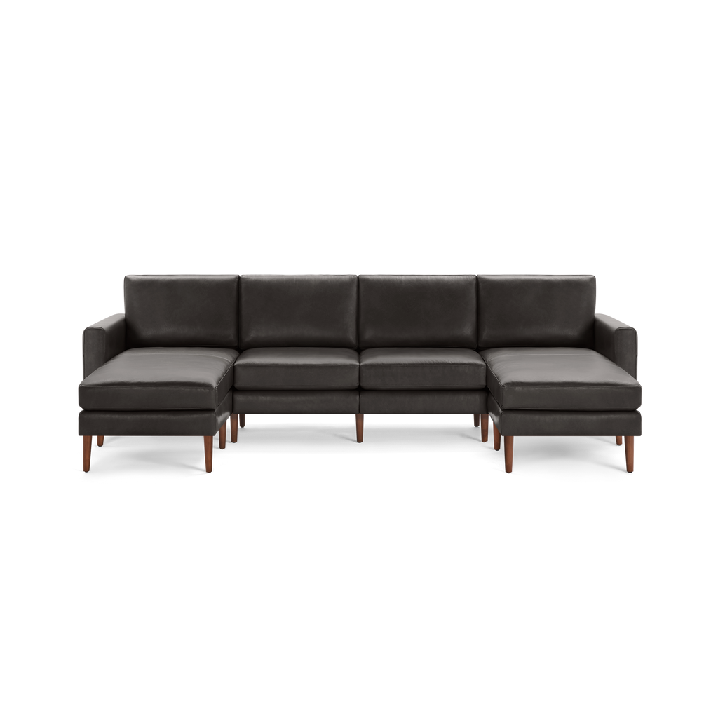 Modern dark gray sectional sofa with wooden legs, featuring left and right chaise lounges and cushioned backrests.
