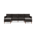 Modern dark gray sectional sofa with wooden legs, featuring left and right chaise lounges and cushioned backrests.