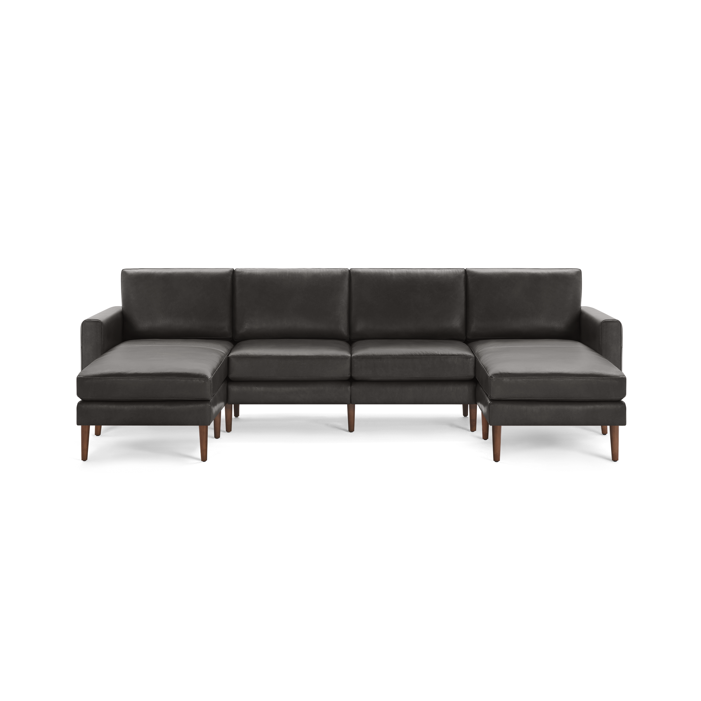 Modern dark gray sectional sofa with wooden legs, featuring left and right chaise lounges and cushioned backrests.