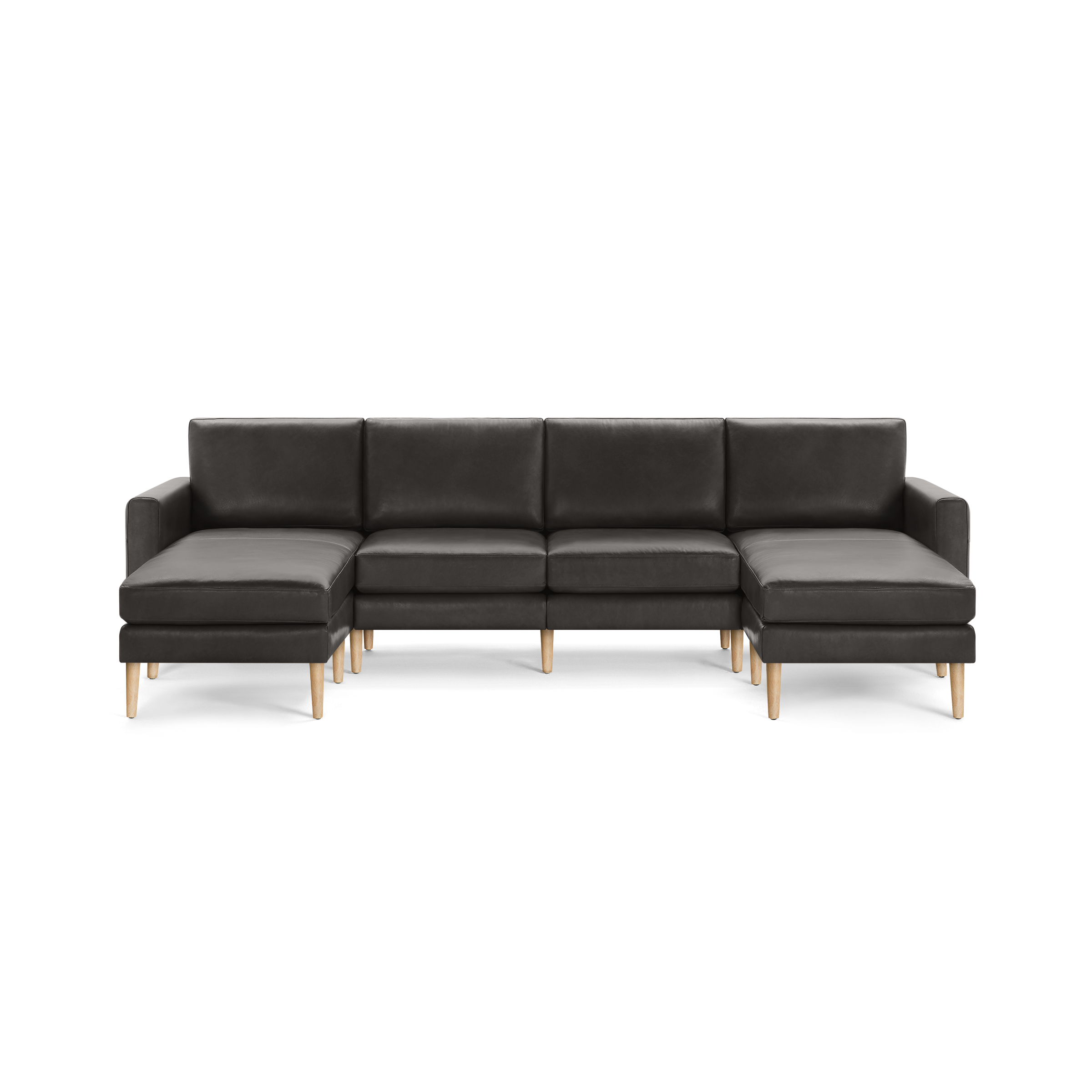 Modern U-shaped sectional sofa with dark gray leather upholstery and light wooden legs, featuring two chaise lounges on each end.