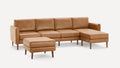 Mid-century modern tan leather sectional sofa with chaise lounge and matching ottoman, featuring wooden tapered legs.