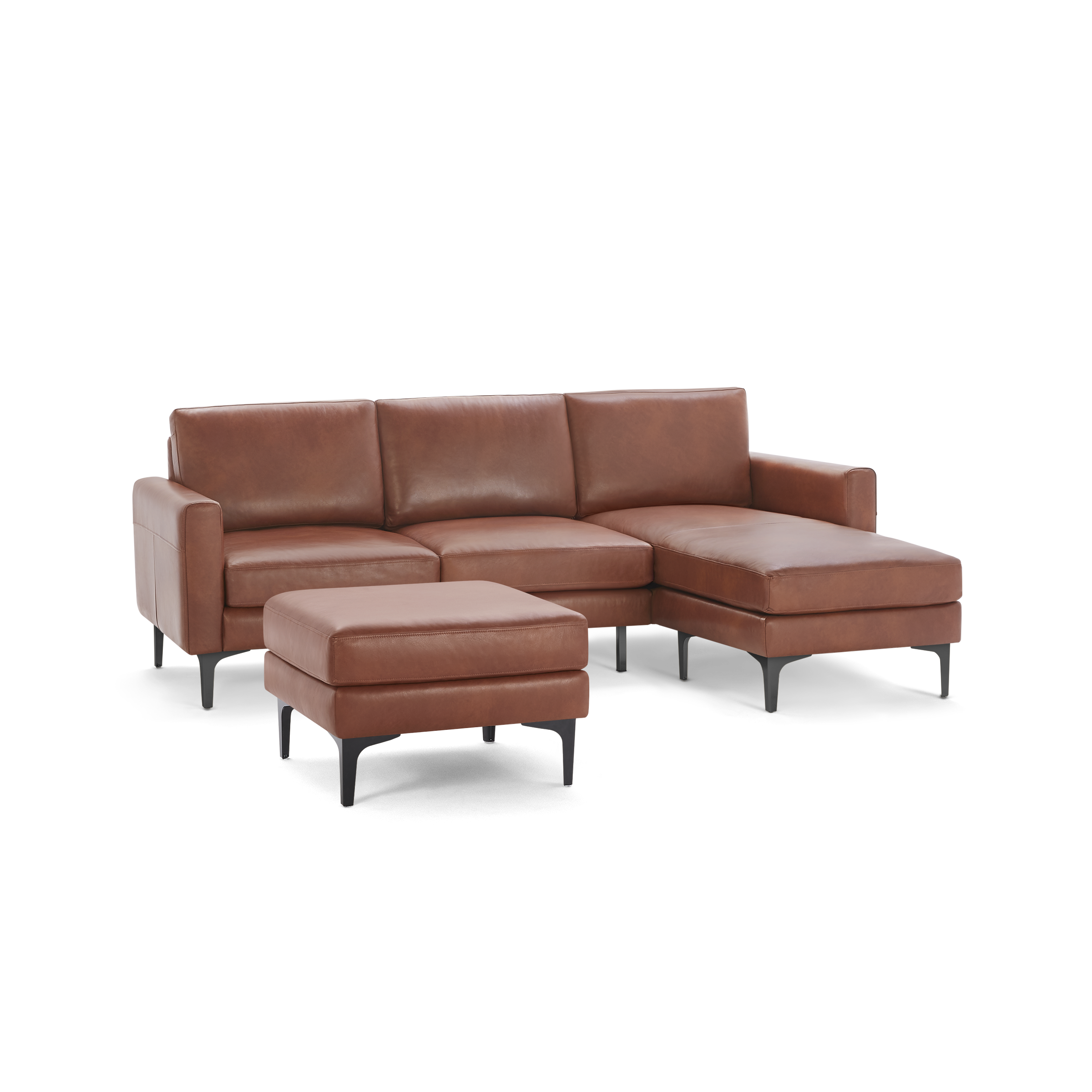 Modern brown leather sectional sofa with chaise and matching ottoman, featuring sleek black metal legs and clean lines.