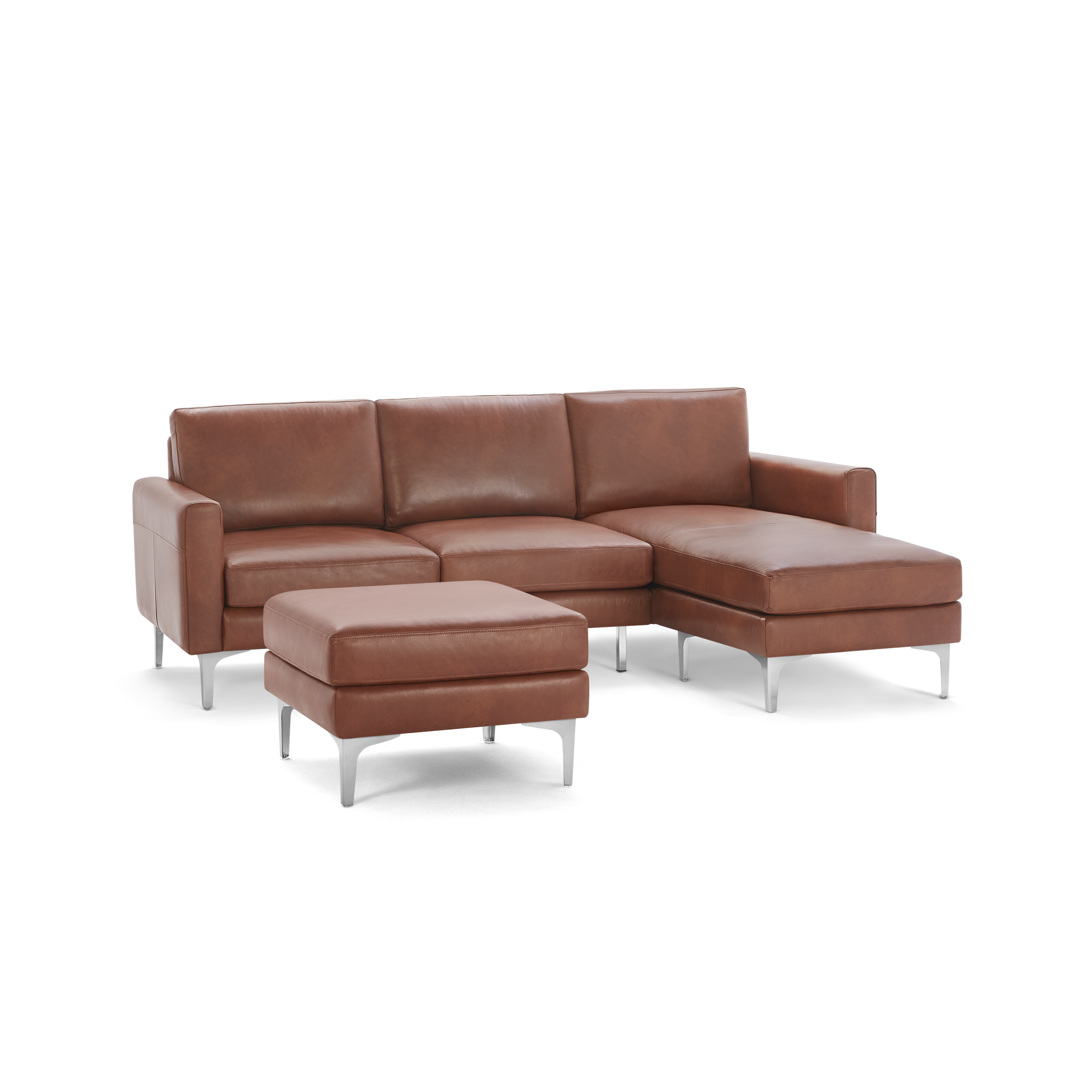 Brown leather L-shaped sectional sofa with matching ottoman and metal legs, modern and sleek design.
