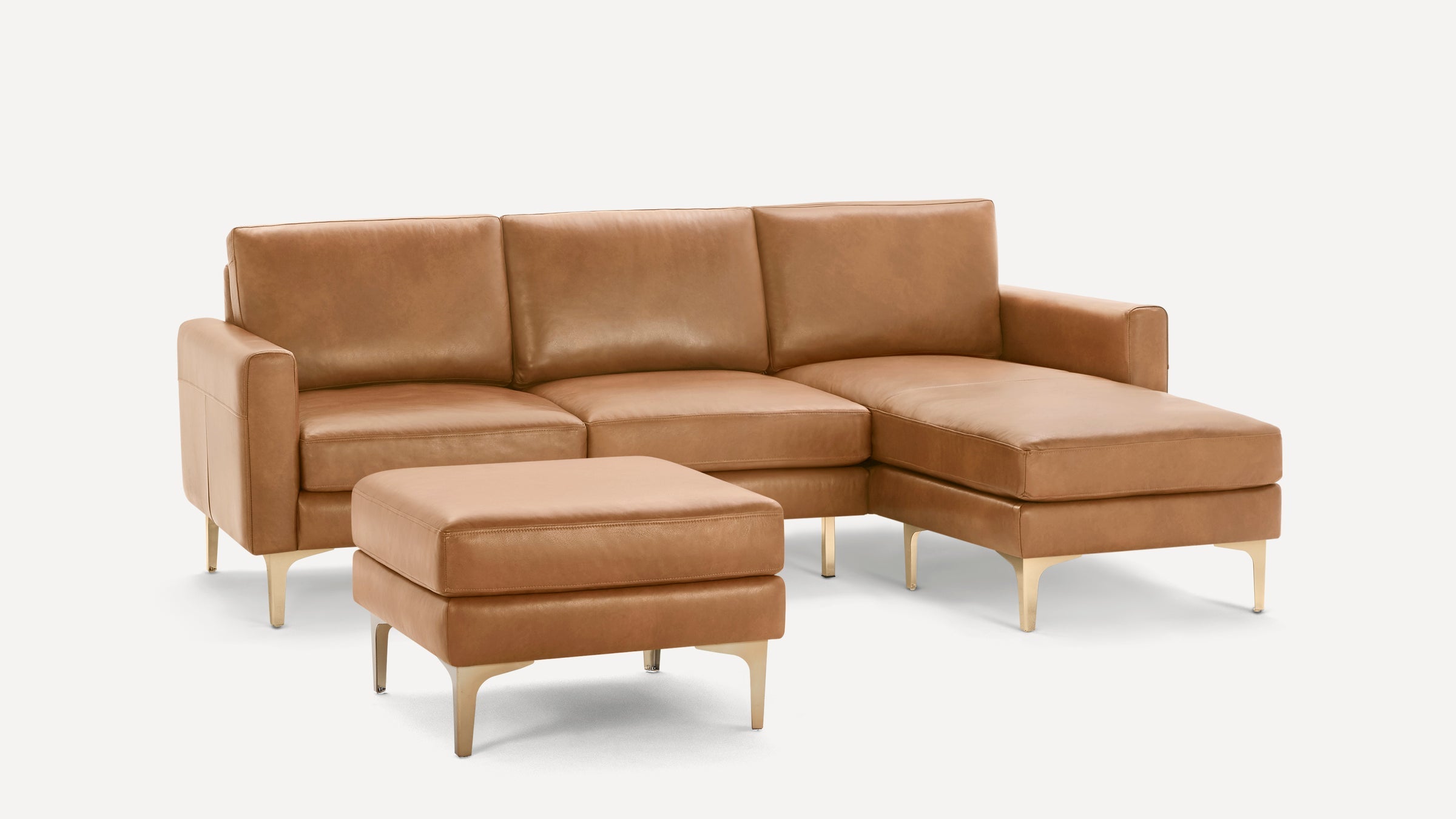 Nomad Plus Leather Sectional with Ottoman - Camel - Top Grain Leather / Brass - Metal / Block Arm