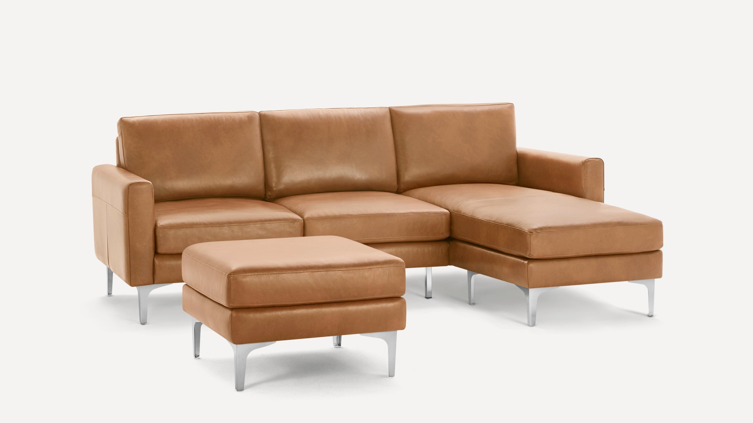 Nomad Plus Leather Sectional with Ottoman - Camel - Top Grain Leather / Chrome - Metal / Block Arm