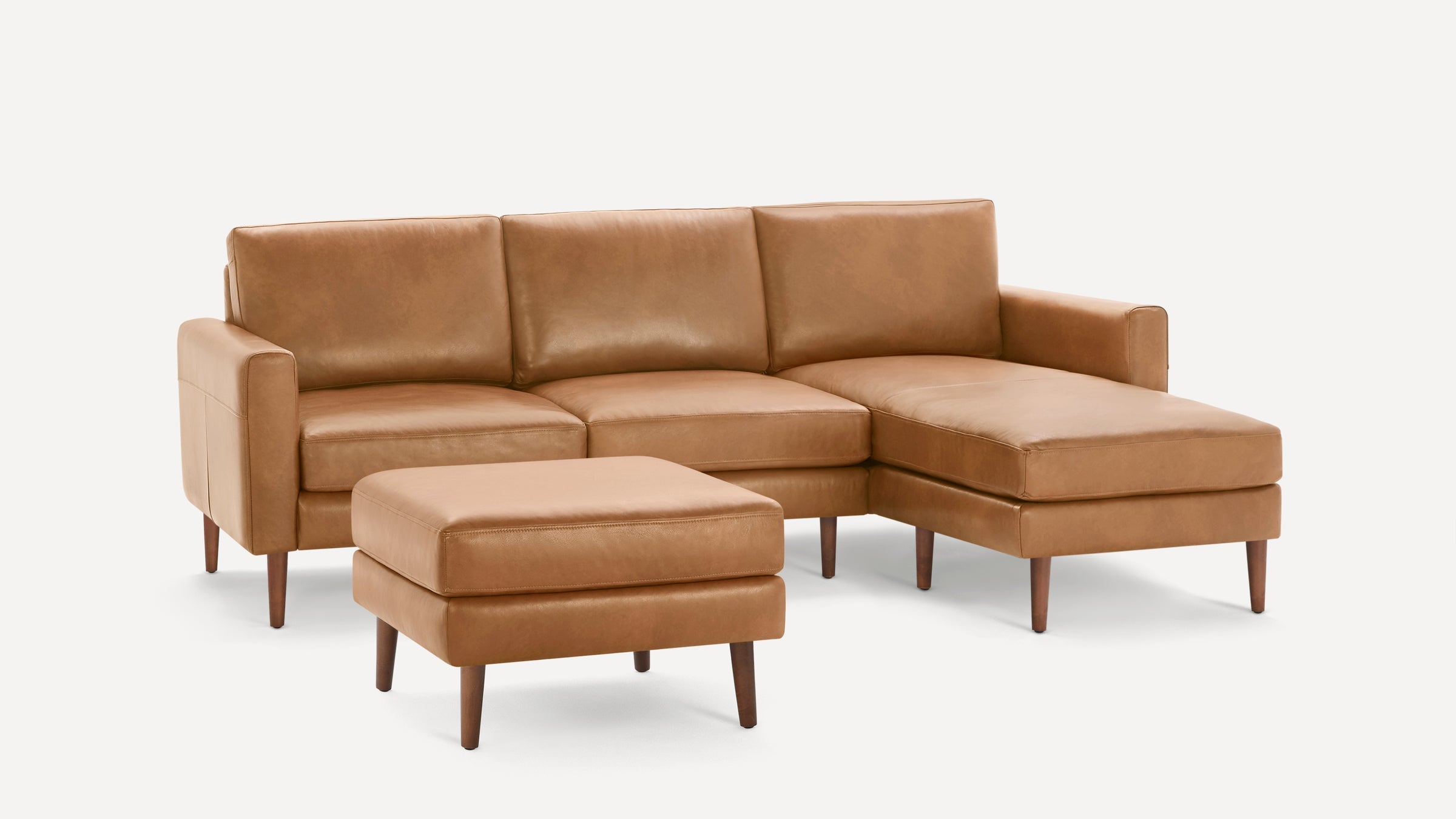 Nomad Plus Leather Sectional with Ottoman - Camel - Top Grain Leather / Walnut - Wood / Block Arm