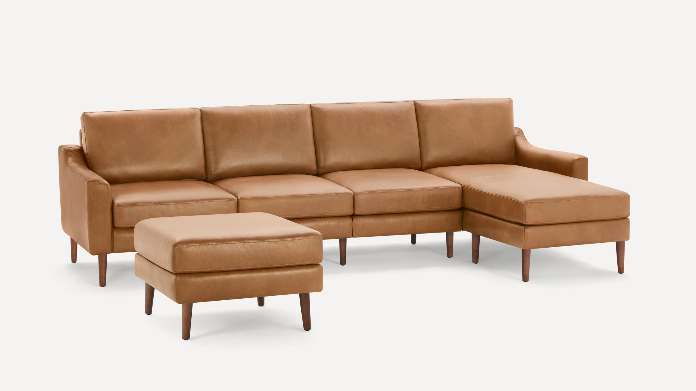 Nomad Plus Leather King Sectional with Ottoman - Camel - Top Grain Leather / Walnut - Wood / Slope Arm