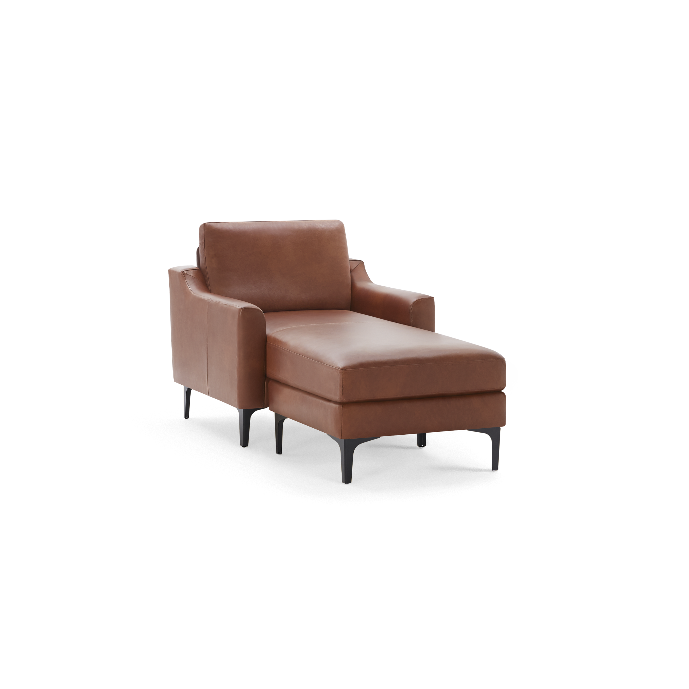 Modern brown leather chaise lounge chair with armrests and black metal legs, designed for comfortable reclining and relaxation.