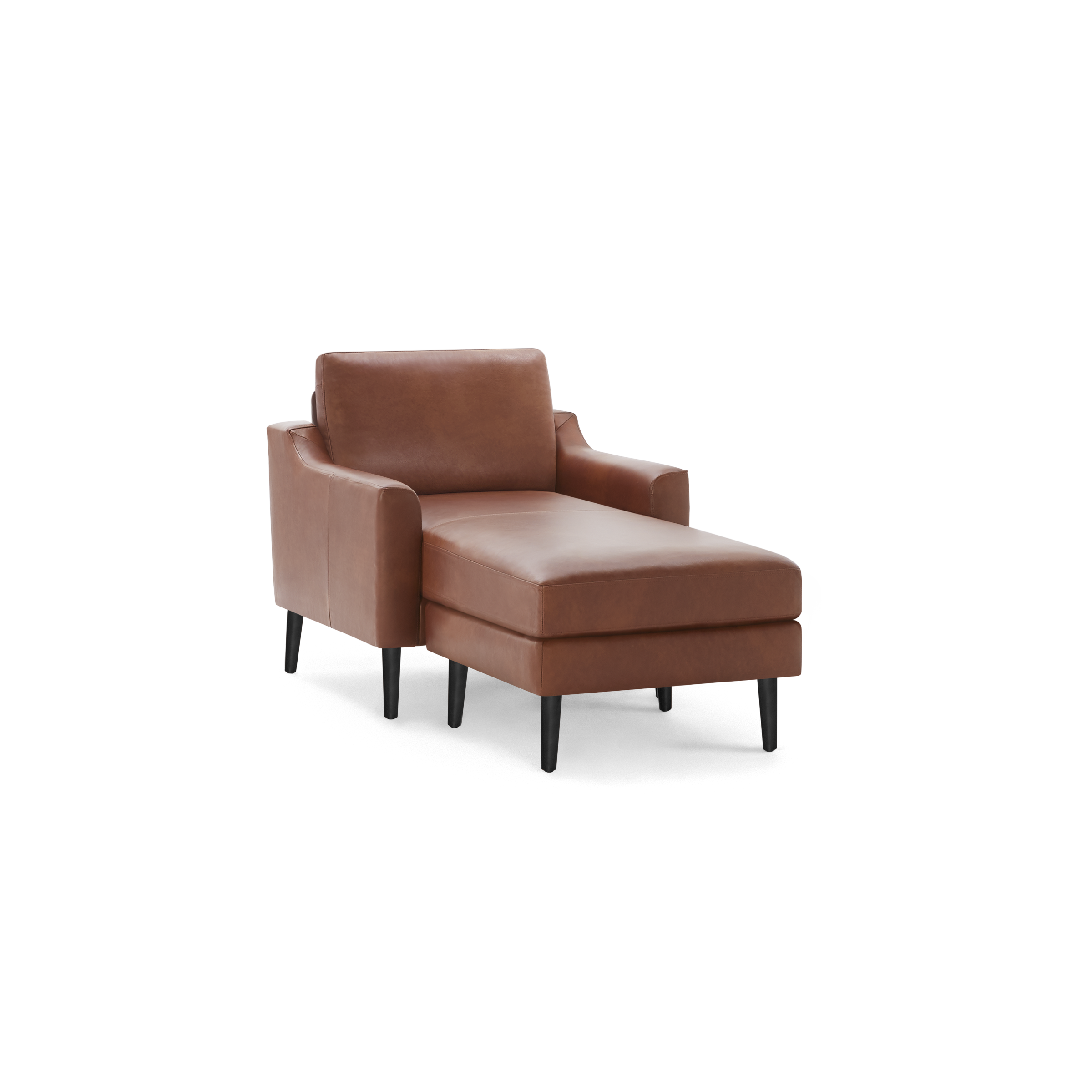 Brown leather chaise lounge chair with armrests, cushioned seat, and black wooden legs on a white background.