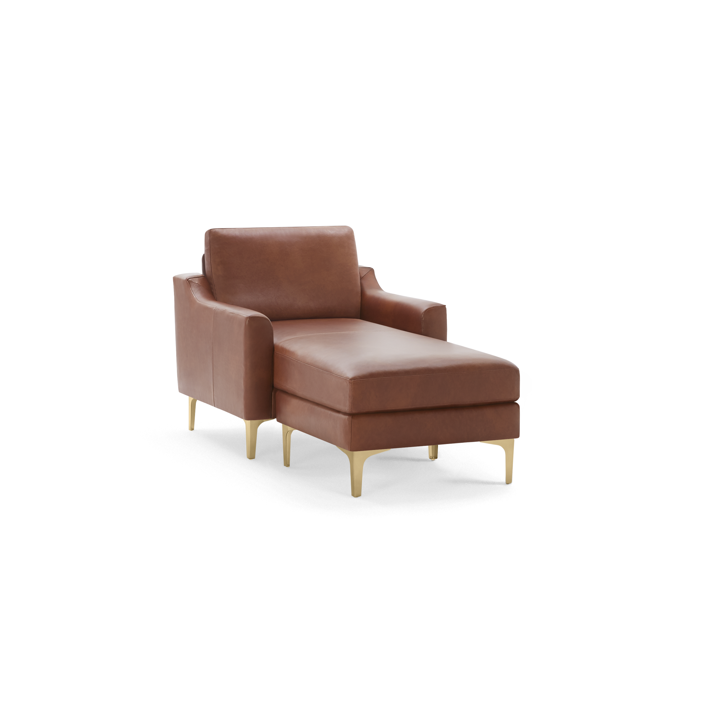 Brown leather chaise lounge with armrests and gold metal legs, featuring a cushioned seat and backrest.