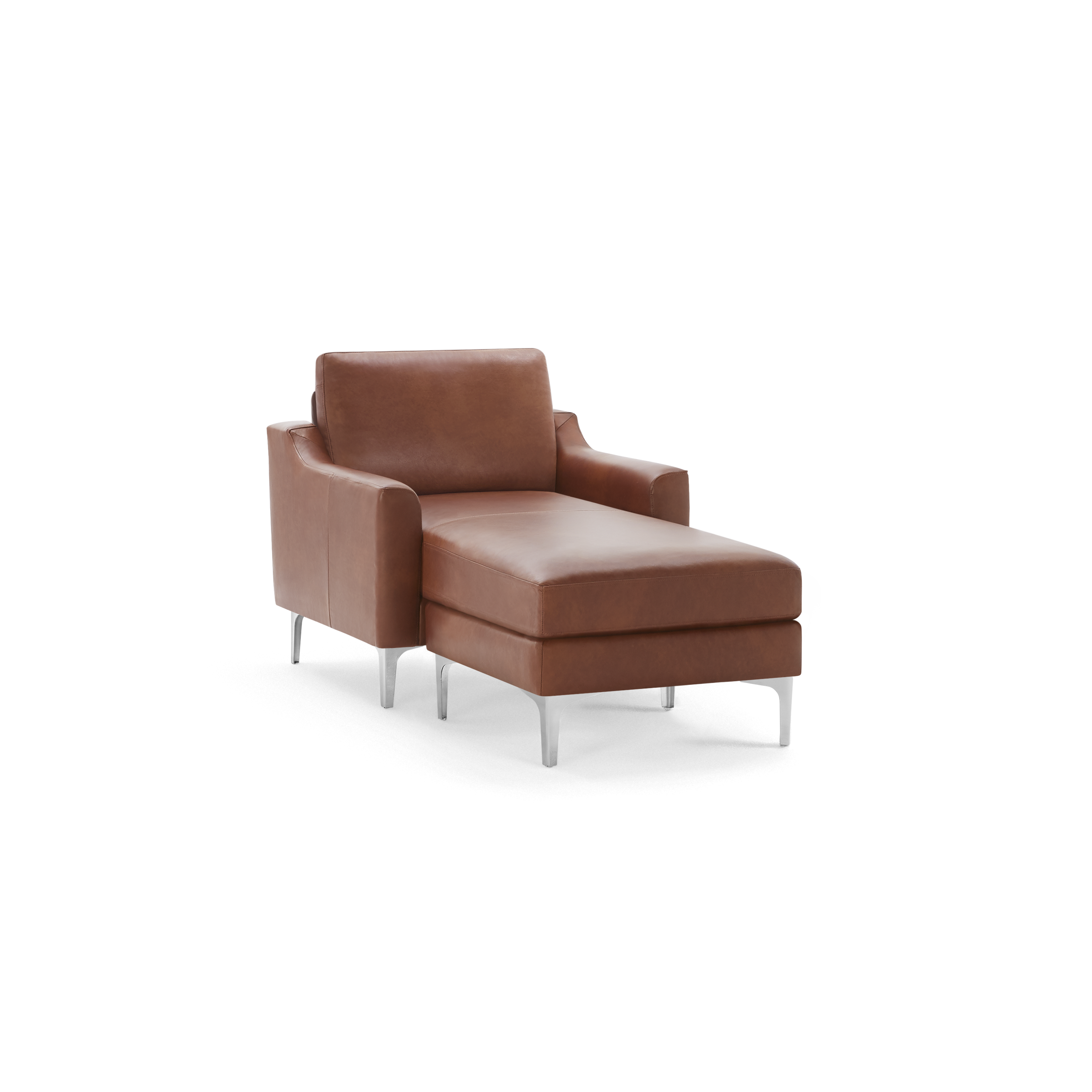 Brown leather chaise lounge chair with armrests and metal legs on a white background.