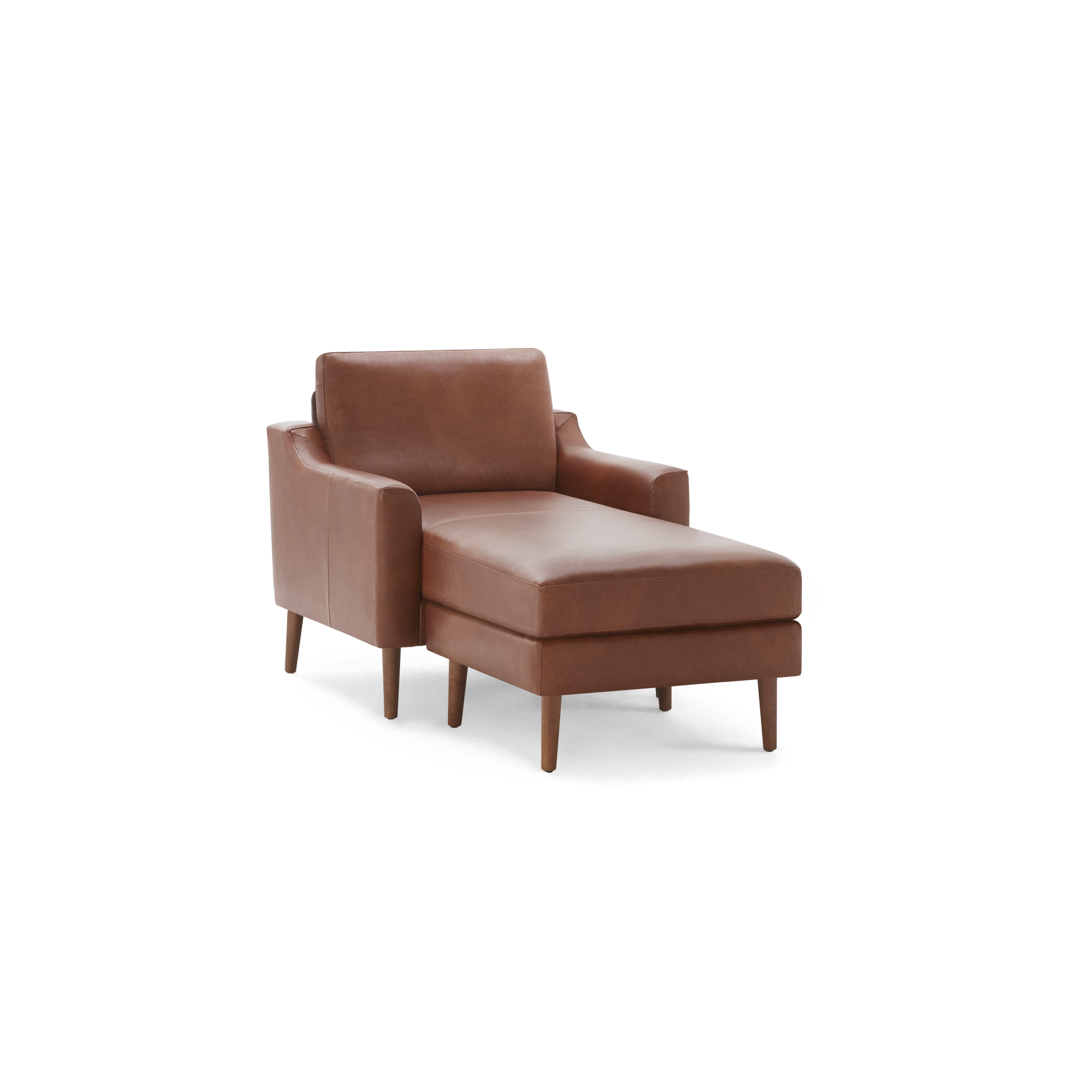 Mid-century modern brown leather chaise lounge chair with wooden legs and cushioned backrest and armrests.
