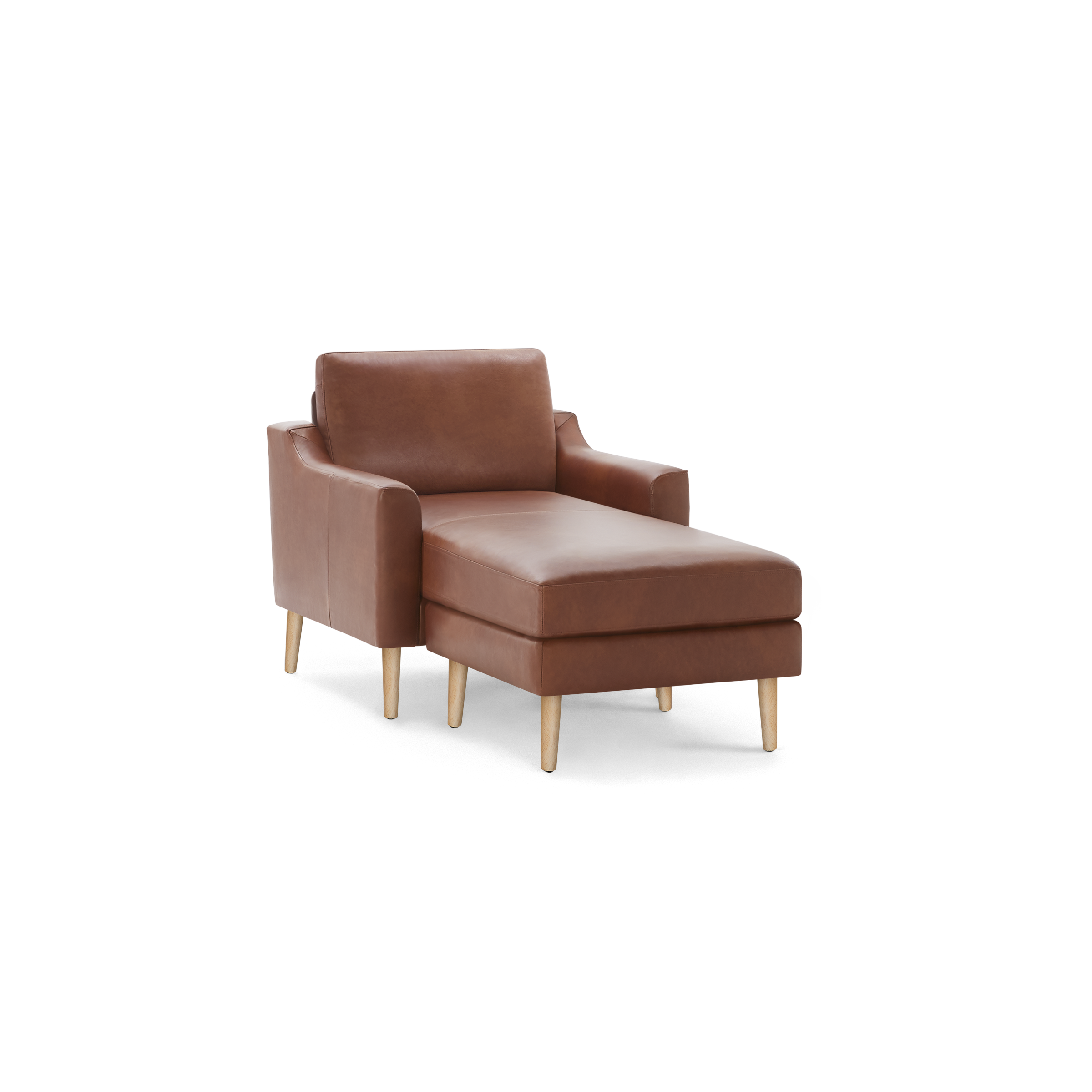 Modern brown leather chaise lounge with armrests and wooden legs, designed for comfort and style in living spaces.